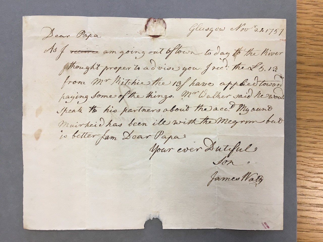 Image #1 of letter: James Watt (II) to James Watt (I), 25 November 1757