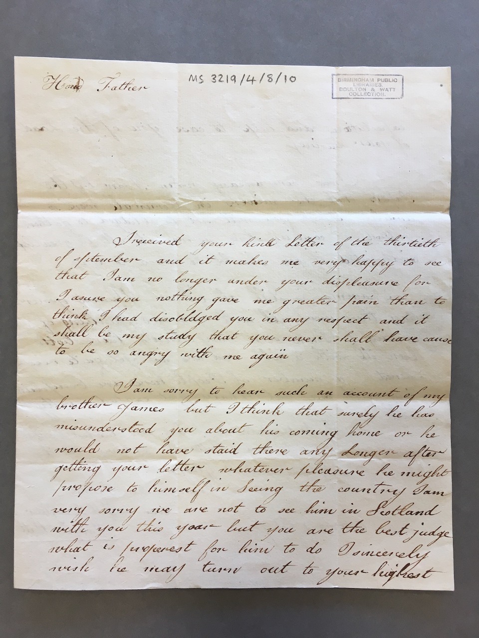 Image #1 of letter: Margaret Watt (II) to James Watt (II), 30 October 1787