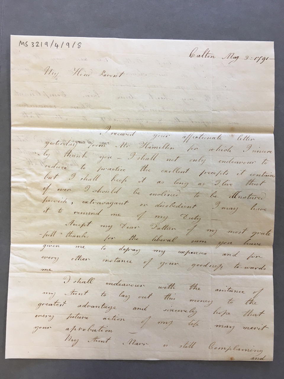 Image #1 of letter: Margaret Watt (II) to James Watt (II), 3 May 1791