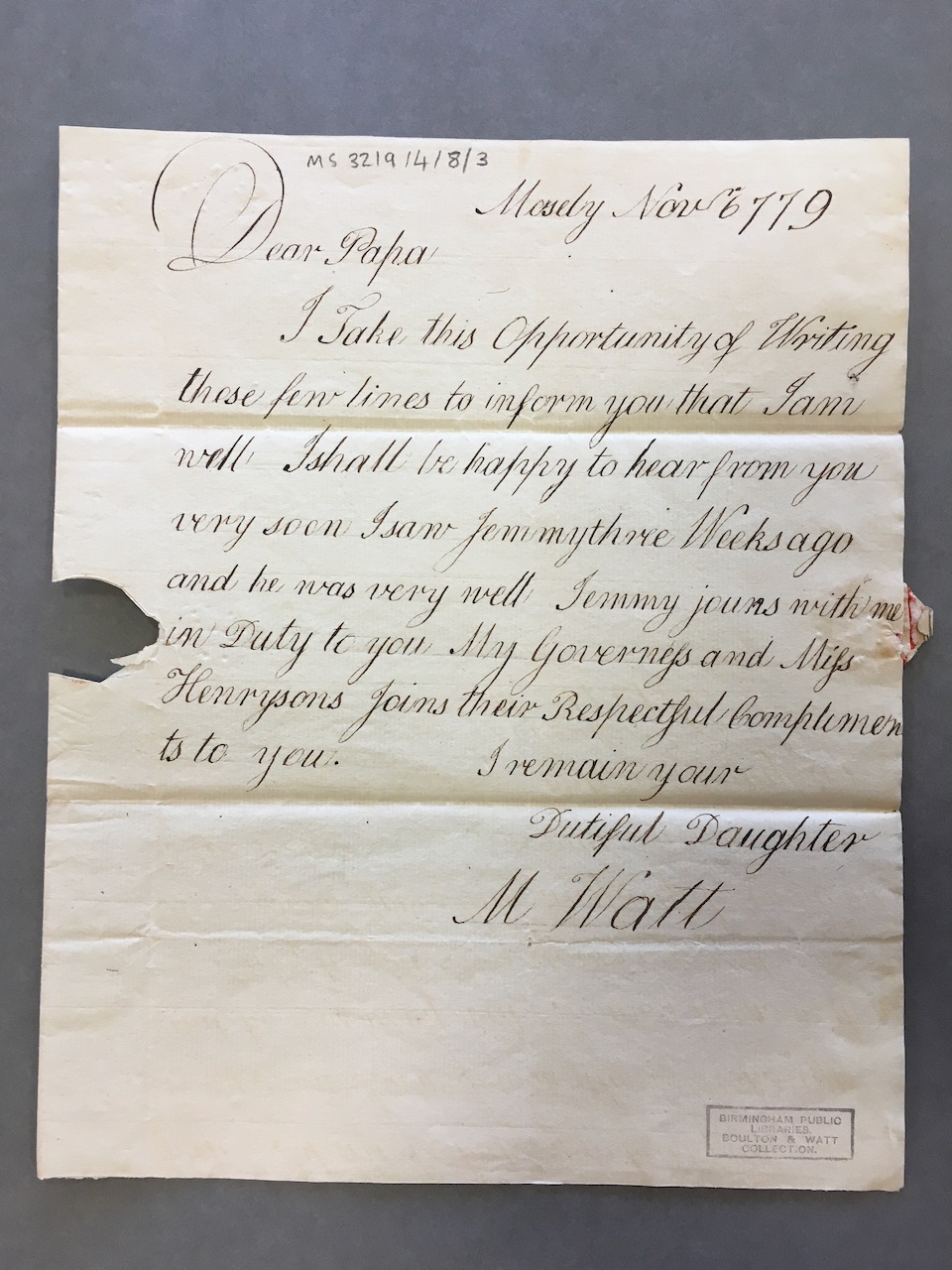 Image #1 of letter: Margaret Watt (jnr) to her father James Watt (II), 6 November 1779