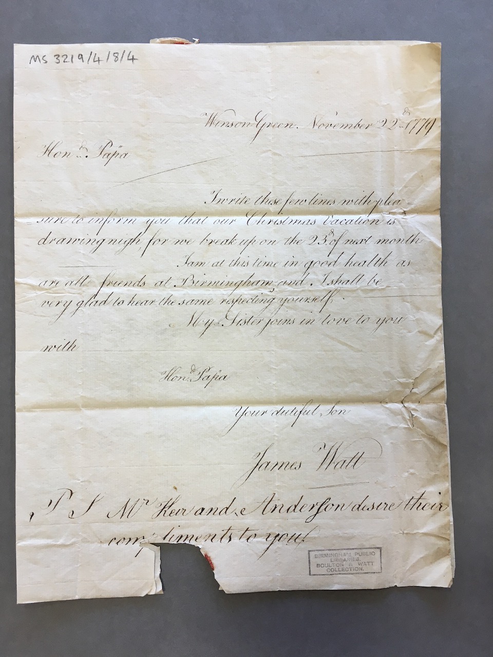 Image #1 of letter: James Watt (III) to his father, James Watt (II), 22 November 1779