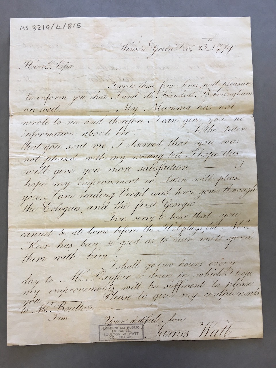 Image #1 of letter: James Watt (III) to his father James Watt, 13 December 1779