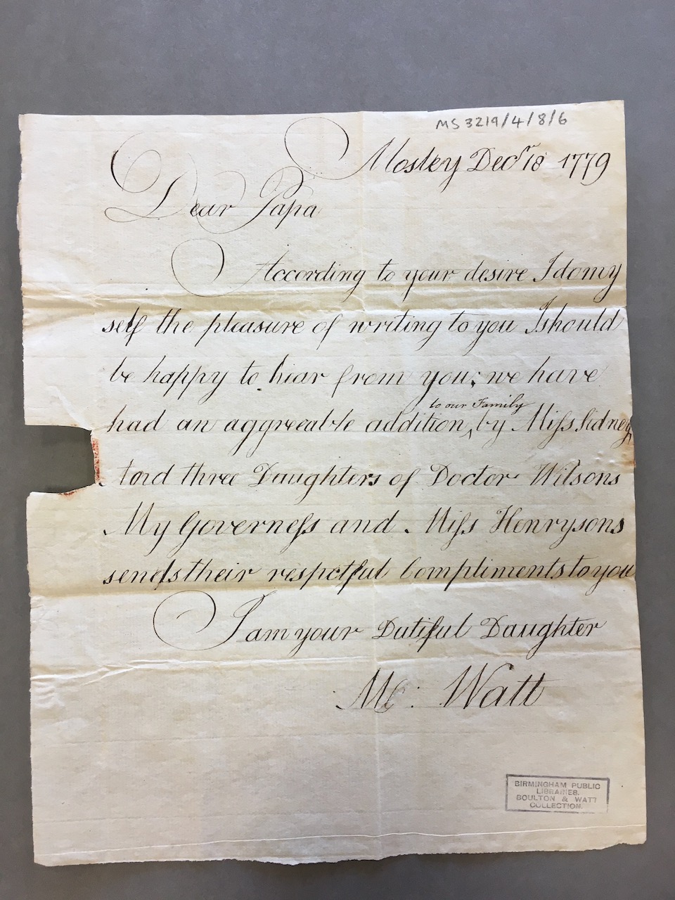 Image #1 of letter: Margaret Watt (jnr) to James Watt (II), 18 December 1779