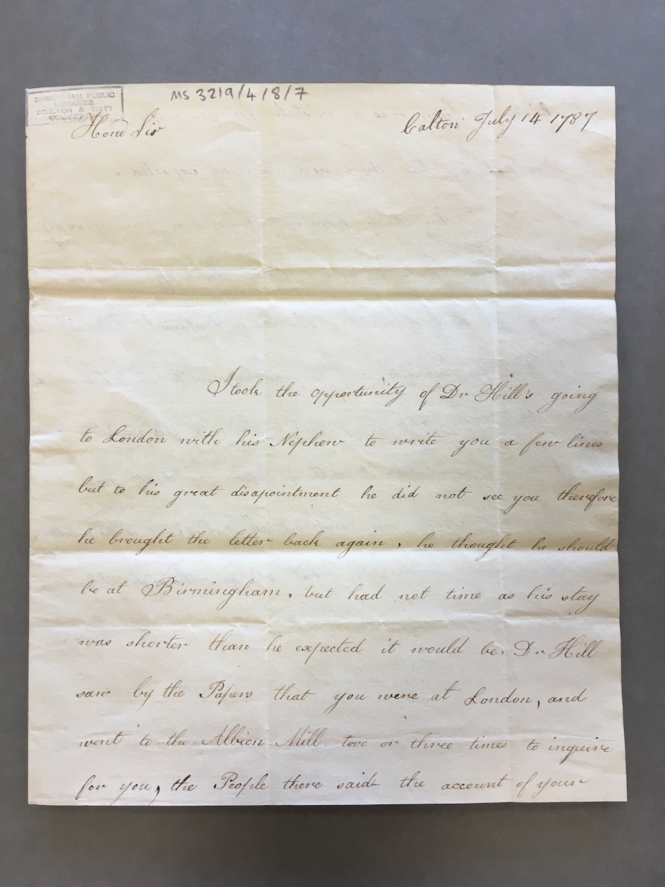 Image #1 of letter: Margaret Watt (II) to James Watt (II), 14 July 1787