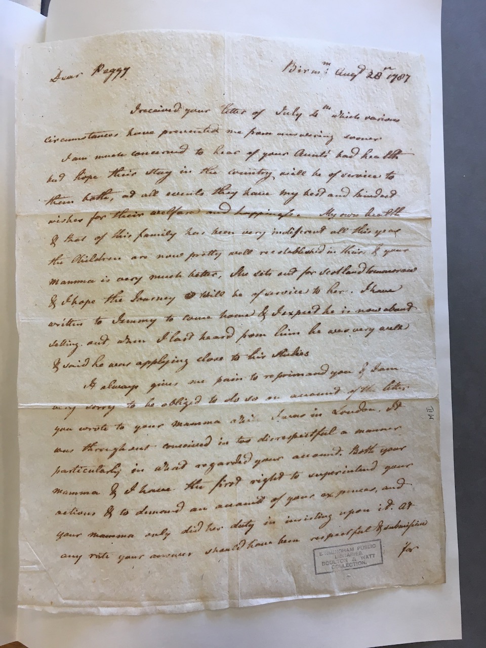 Image #1 of letter: James Watt (II) to Margaret Watt (II), 28 August 1787