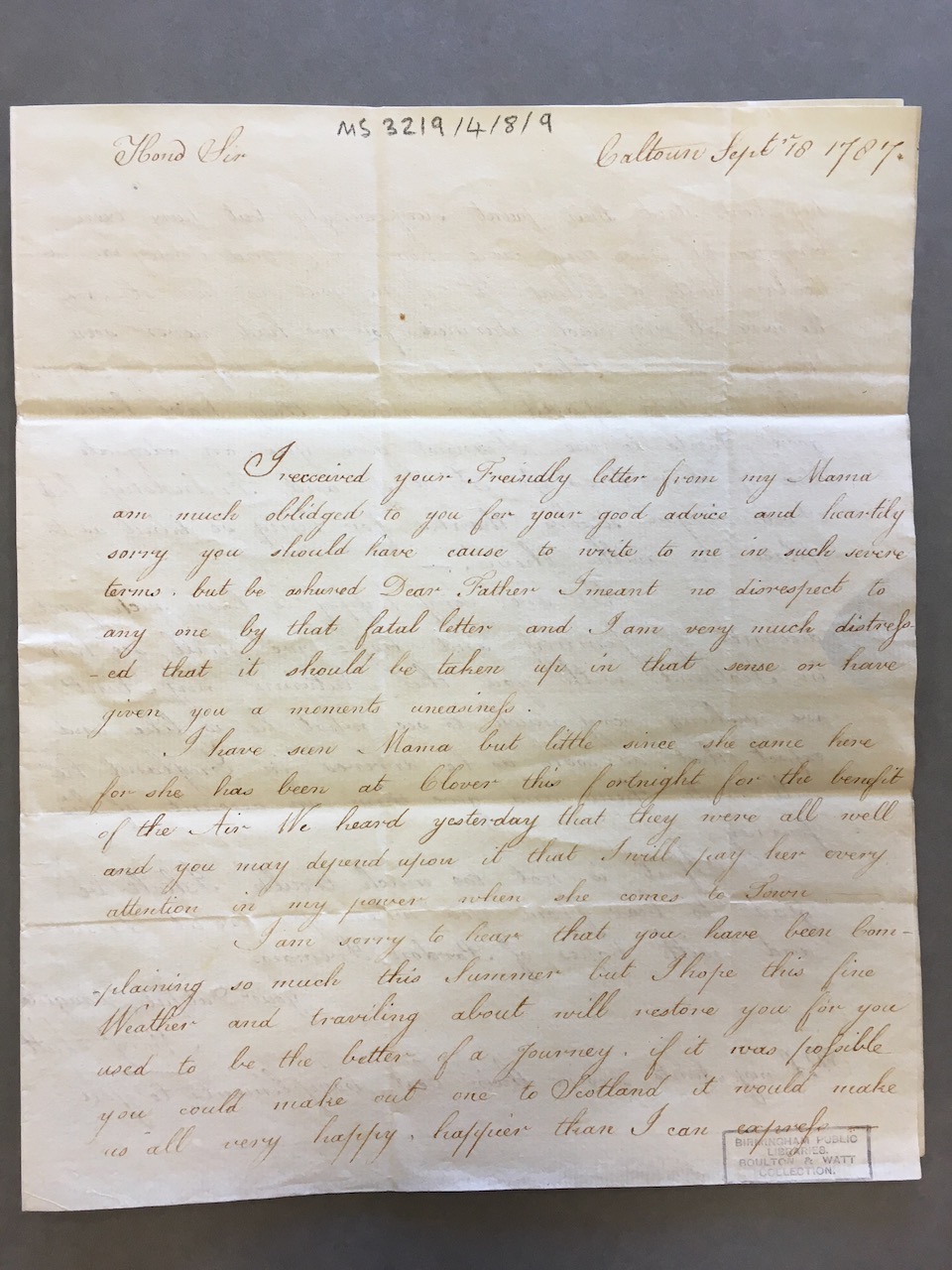 Image #1 of letter: Margaret Watt (II) to James Watt (II), 18 September 1787