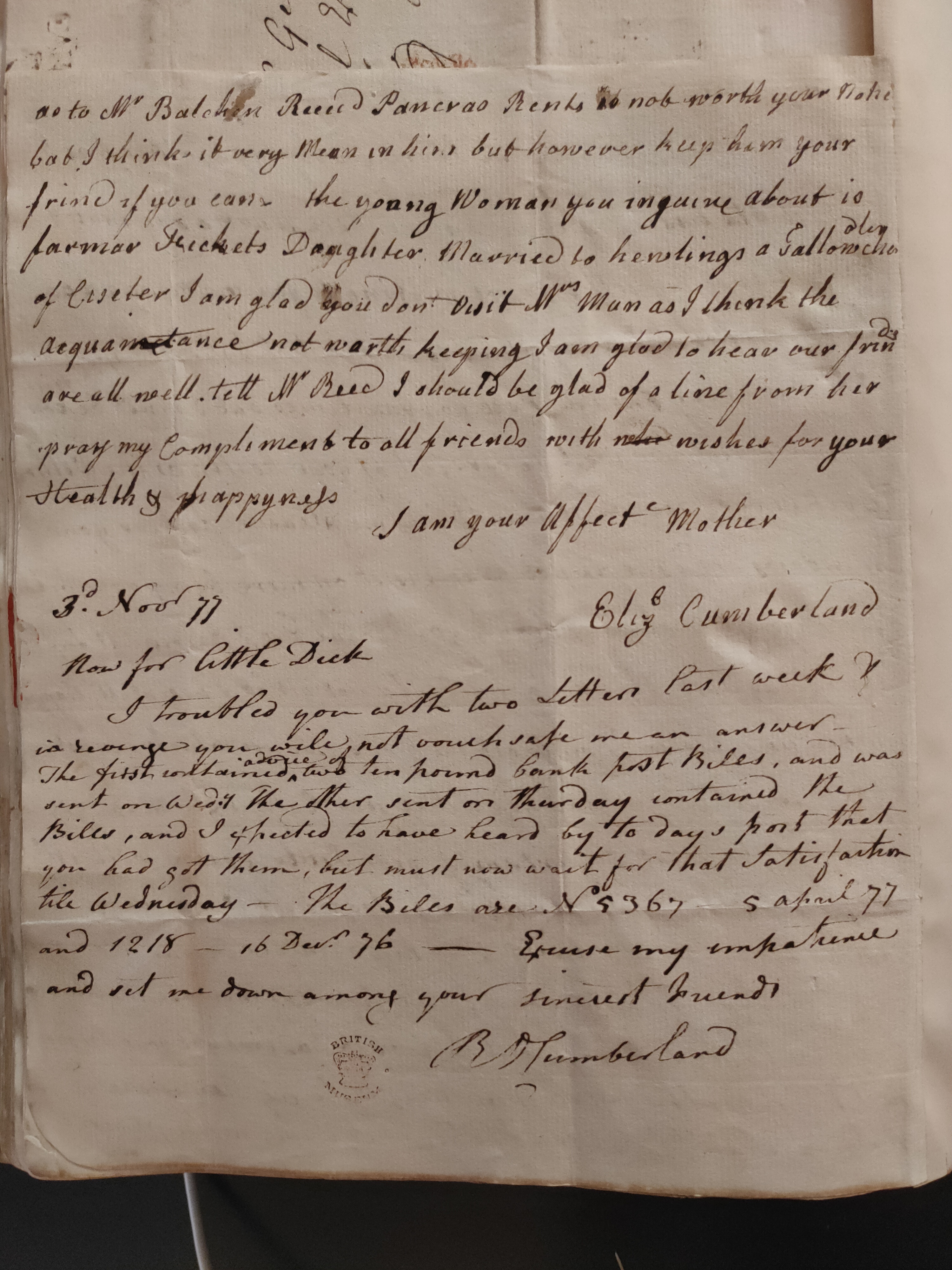 Image #2 of letter: Elizabeth Cumberland and Richard Cumberland to George Cumberland, 3 November 1777