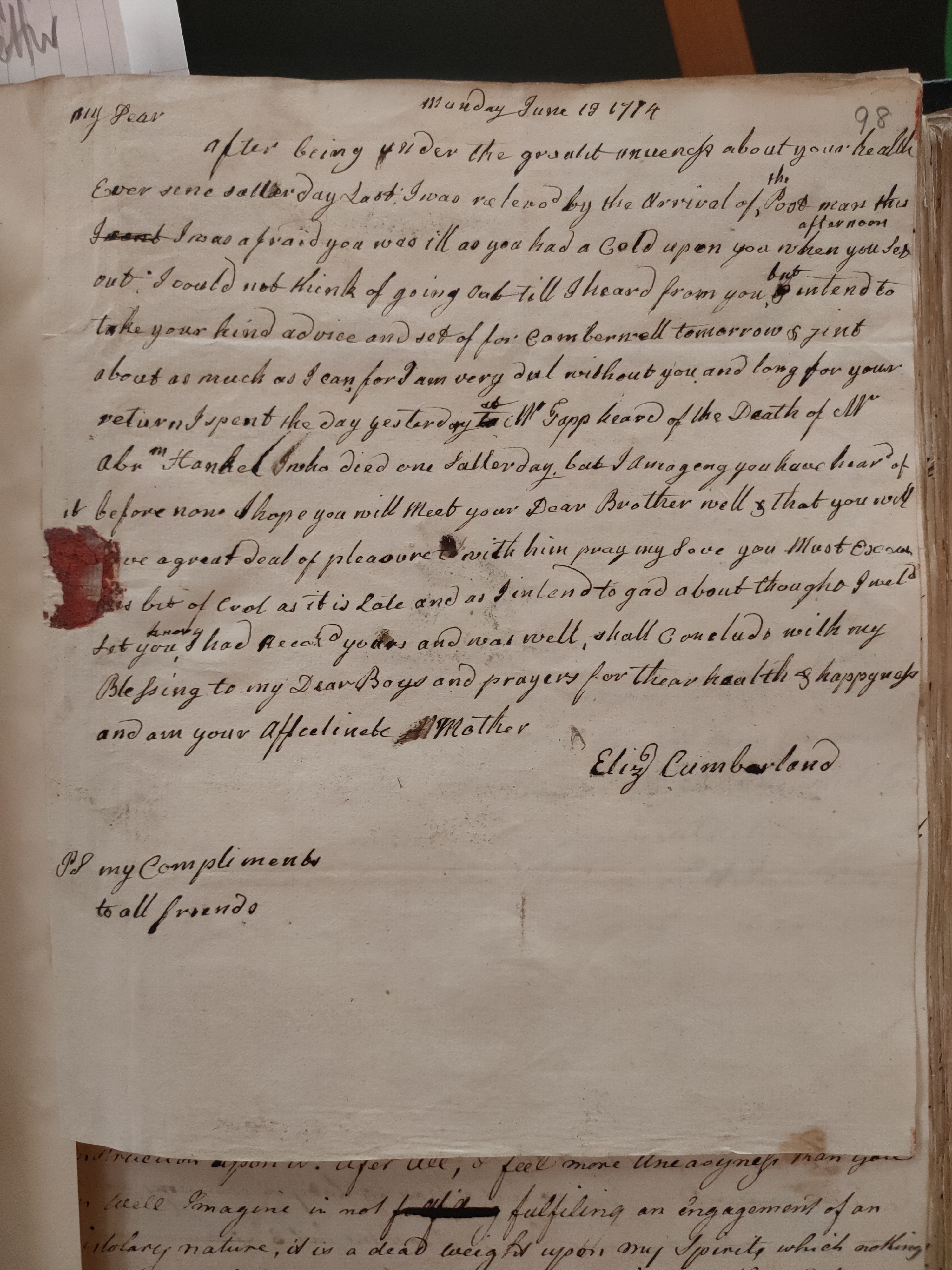 Image #1 of letter: Elizabeth Cumberland to [?George or Richard] Cumberland, 18 June 1774
