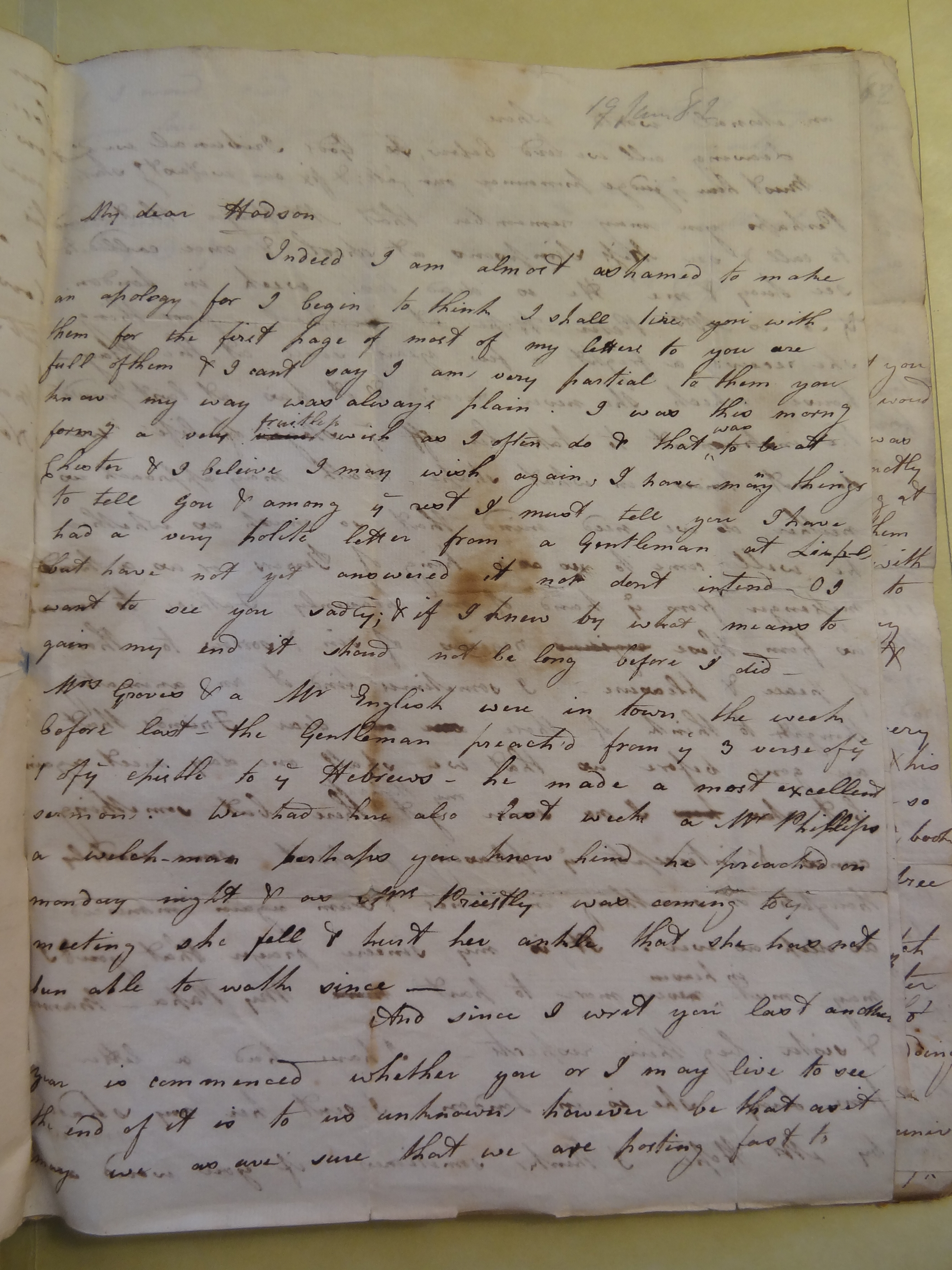 Image #1 of letter: Rebekah Bateman to Mary Jane Hodson, 19 January 1782