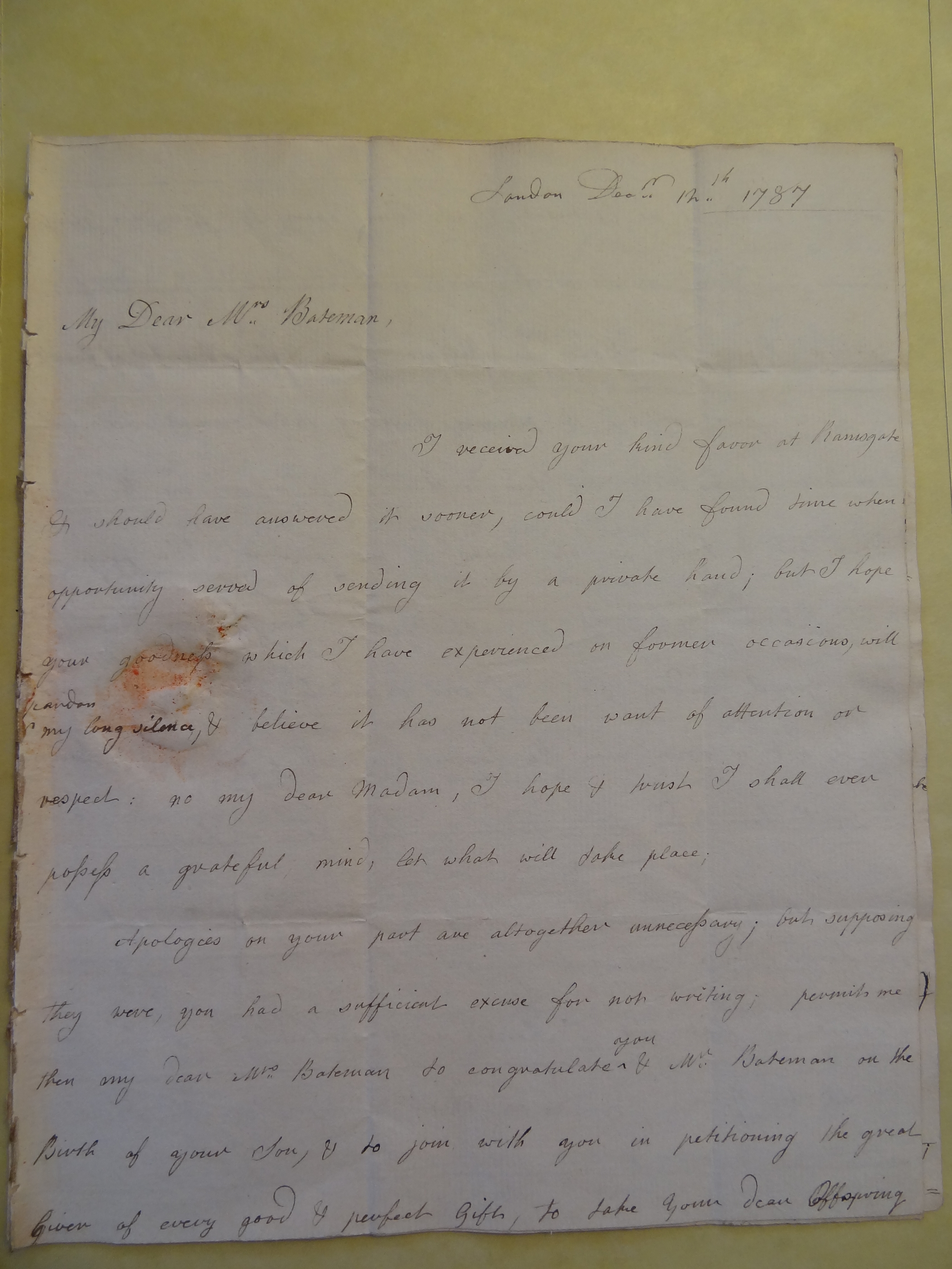 Image #1 of letter: Anna Allwood to Rebekah Bateman, 12 December 1787