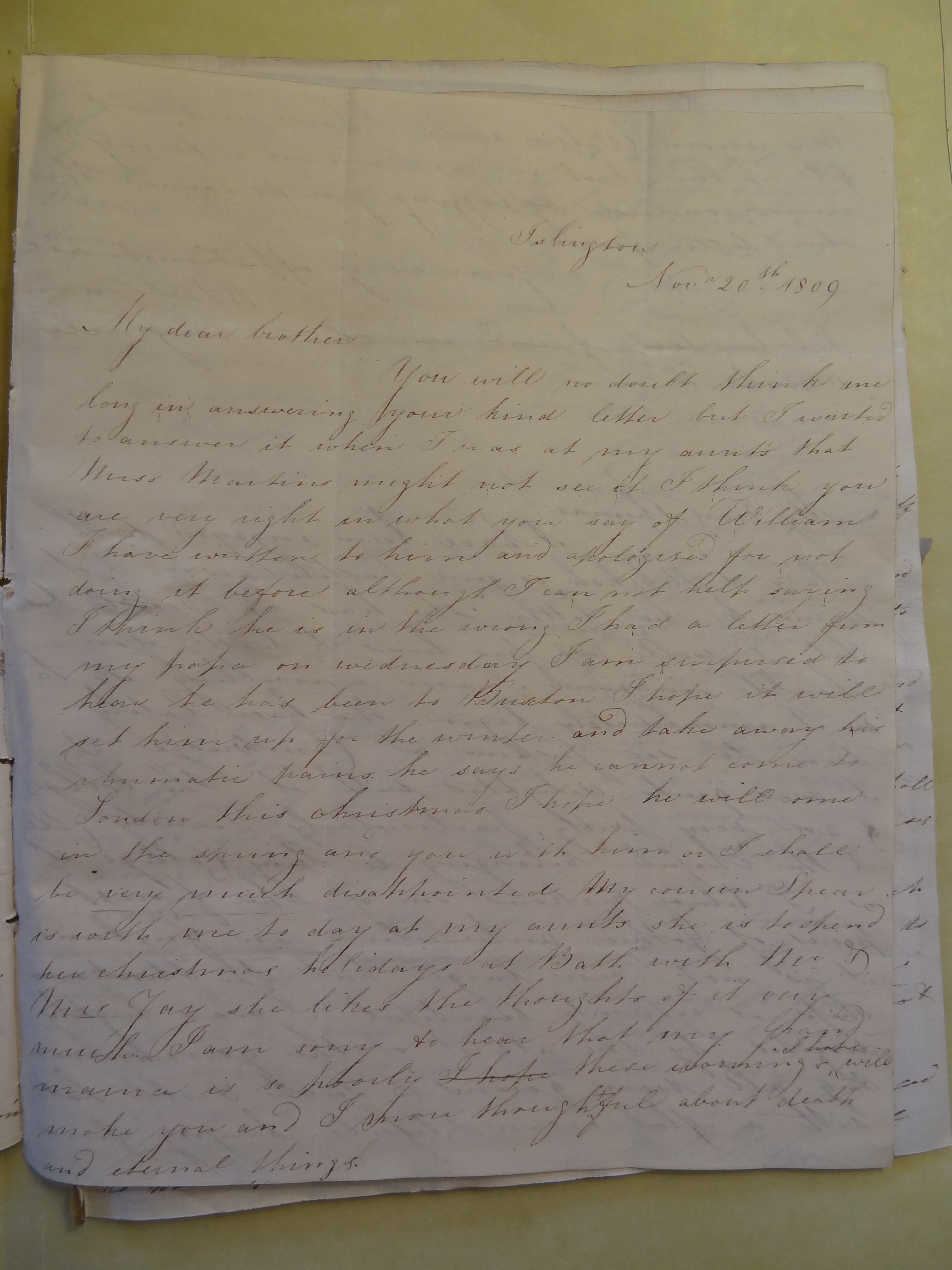Image #1 of letter: Rebekah Hope to Thomas Bateman (junior), 20 November 1809