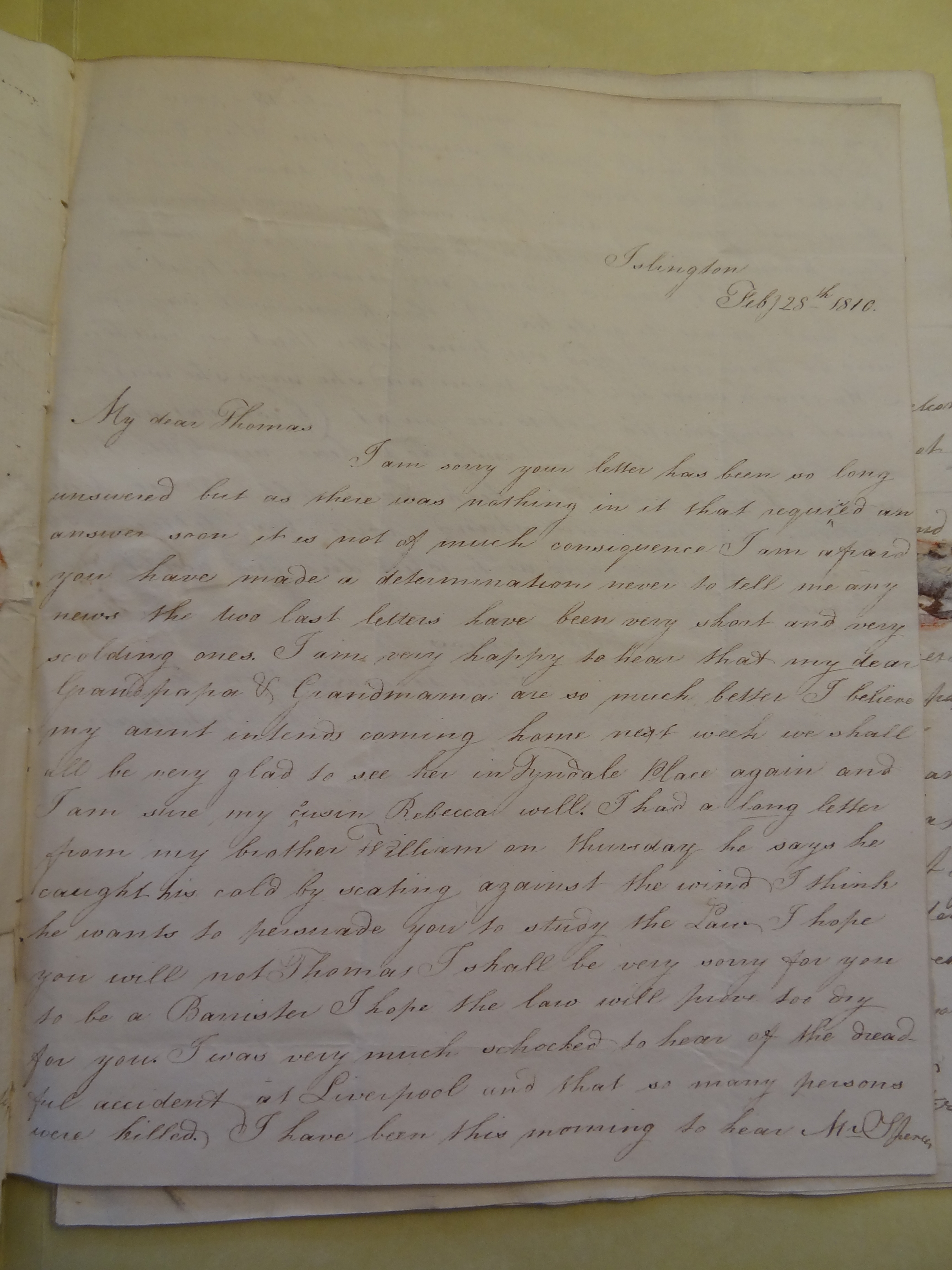 Image #1 of letter: Rebekah Hope to Thomas Bateman, 28 February 1810