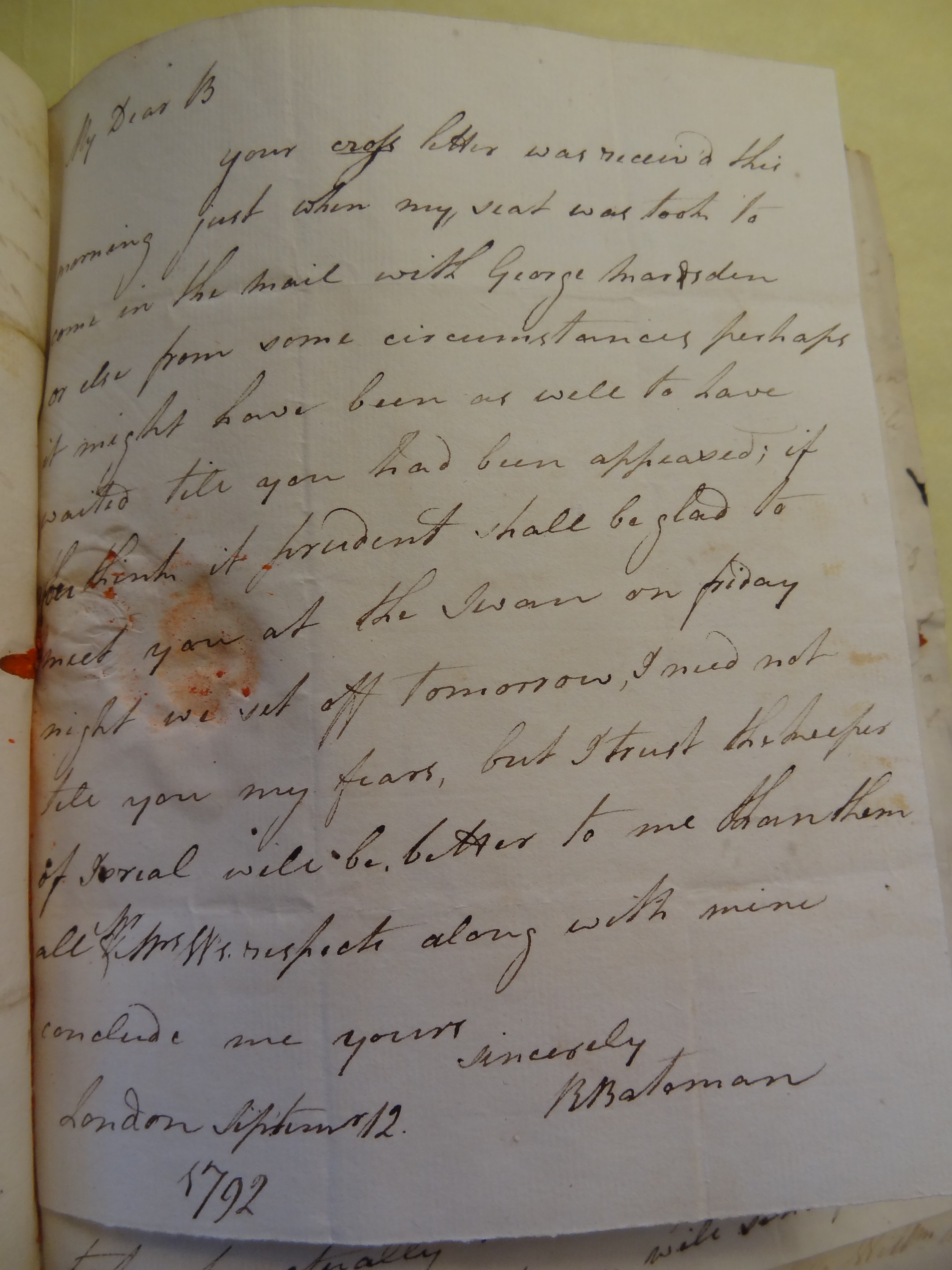 Image #1 of letter: Rebekah Bateman to Thomas Bateman, 12 September 1792
