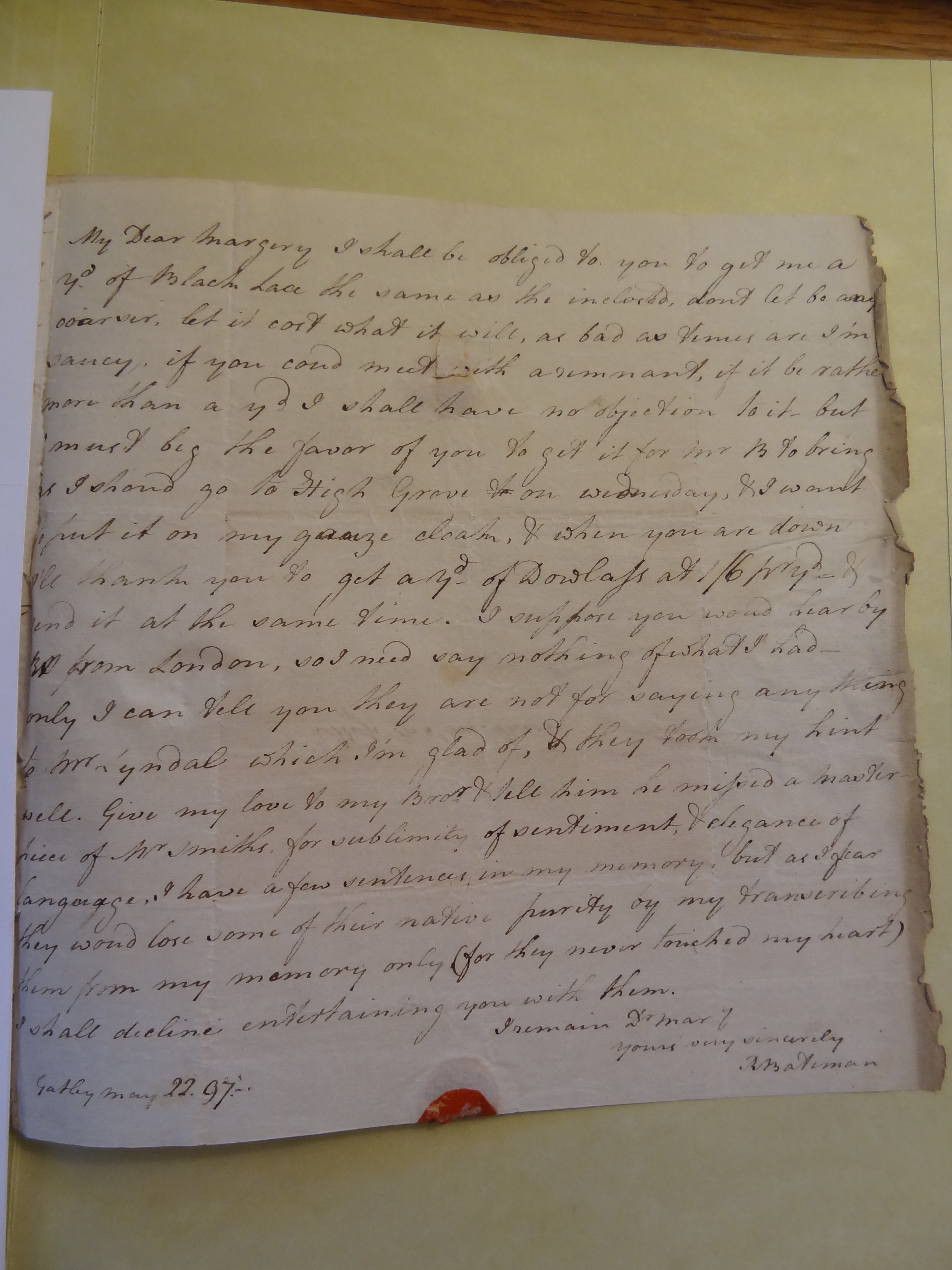 Image #1 of letter: Rebekah Bateman to Margery Smithson, 22 May 1797