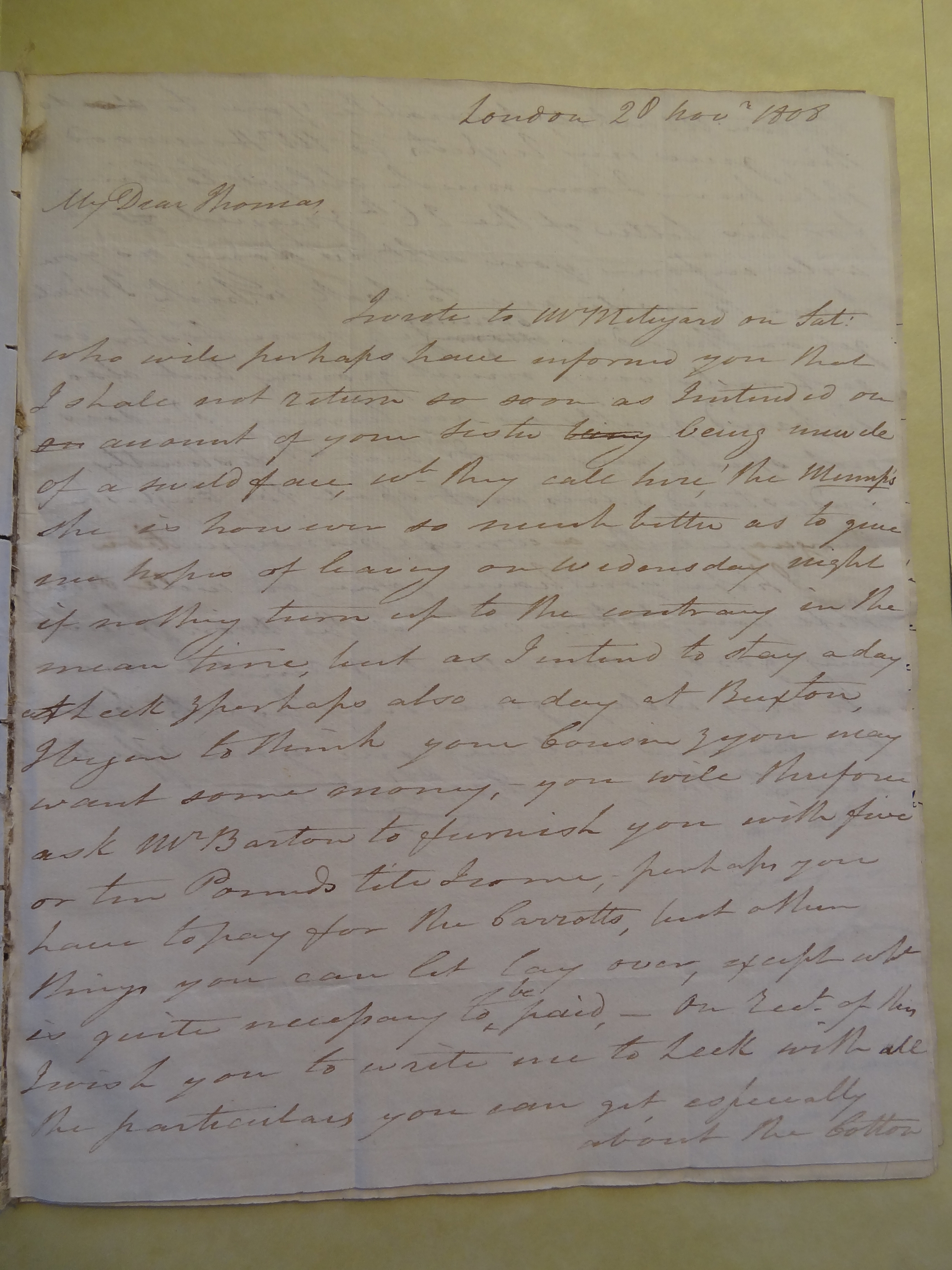 Image #1 of letter: Thomas Bateman (senior) to Thomas Bateman (junior), 28 November 1808