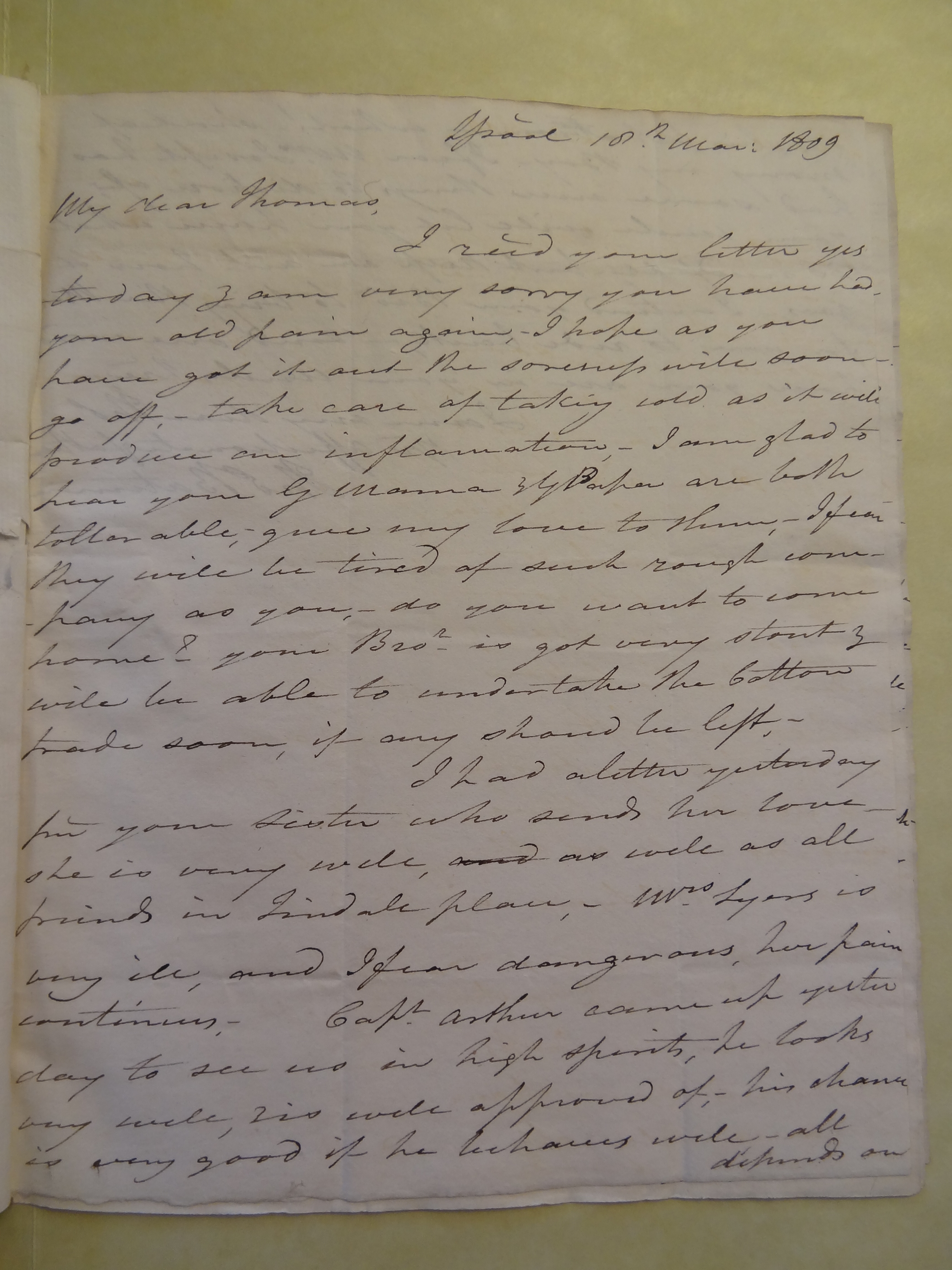 Image #1 of letter: Thomas Bateman (senior) to Thomas Bateman (junior), 18 March 1809