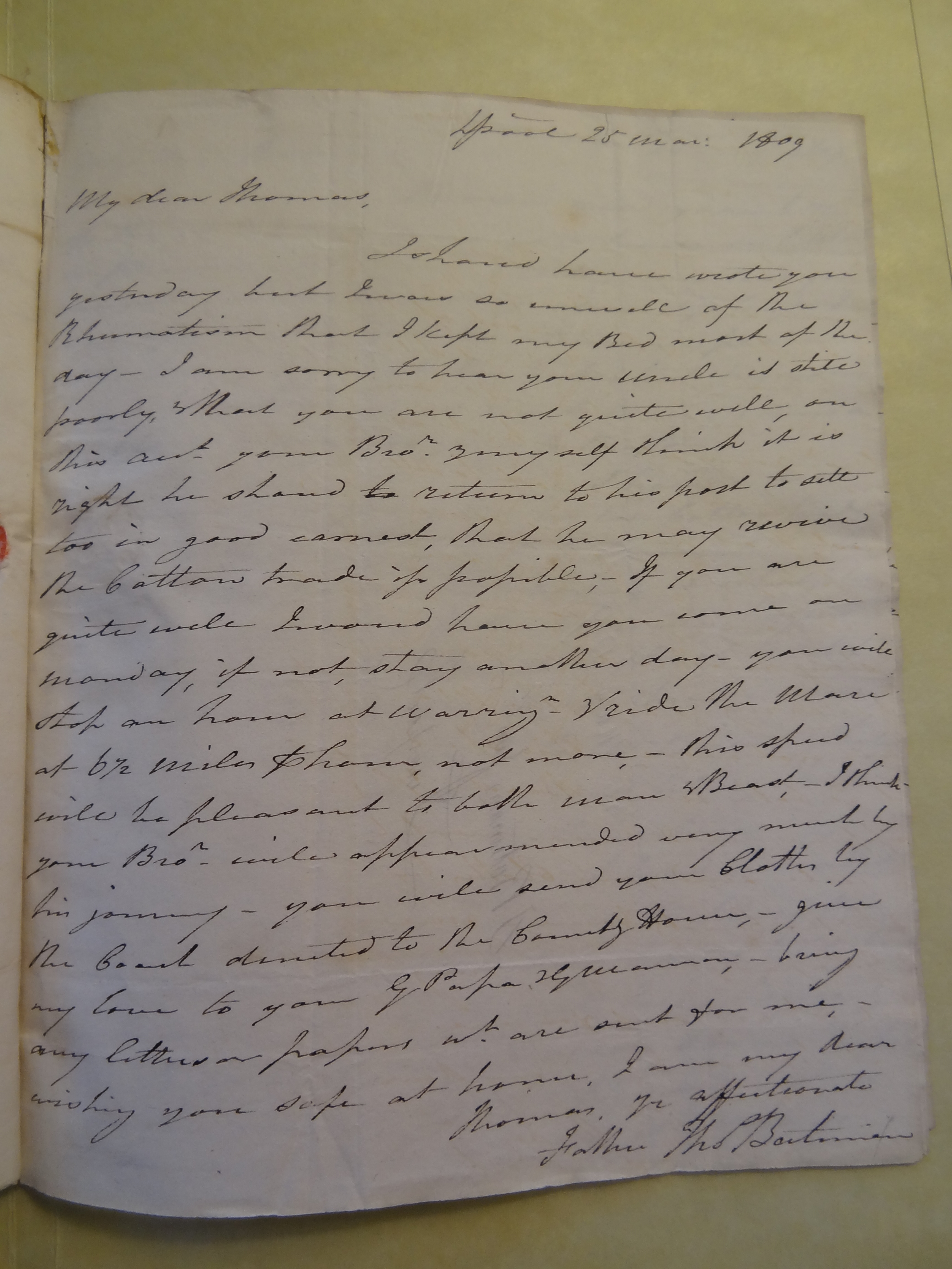 Image #1 of letter: Thomas Bateman (senior) to Thomas Bateman (junior), 25 March 1809