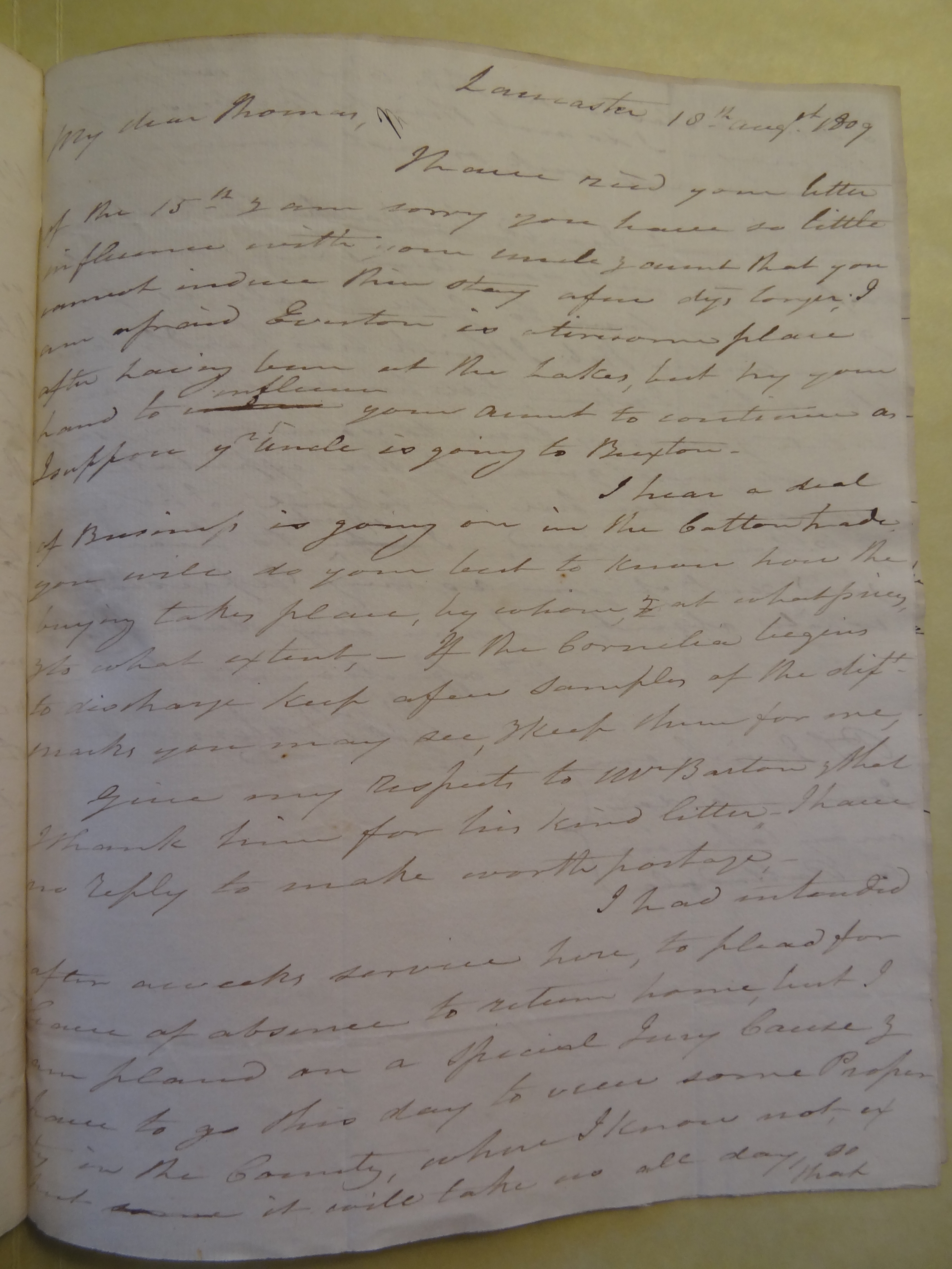 Image #1 of letter: Thomas Bateman (senior) to Thomas Bateman (junior), 18 August 1809