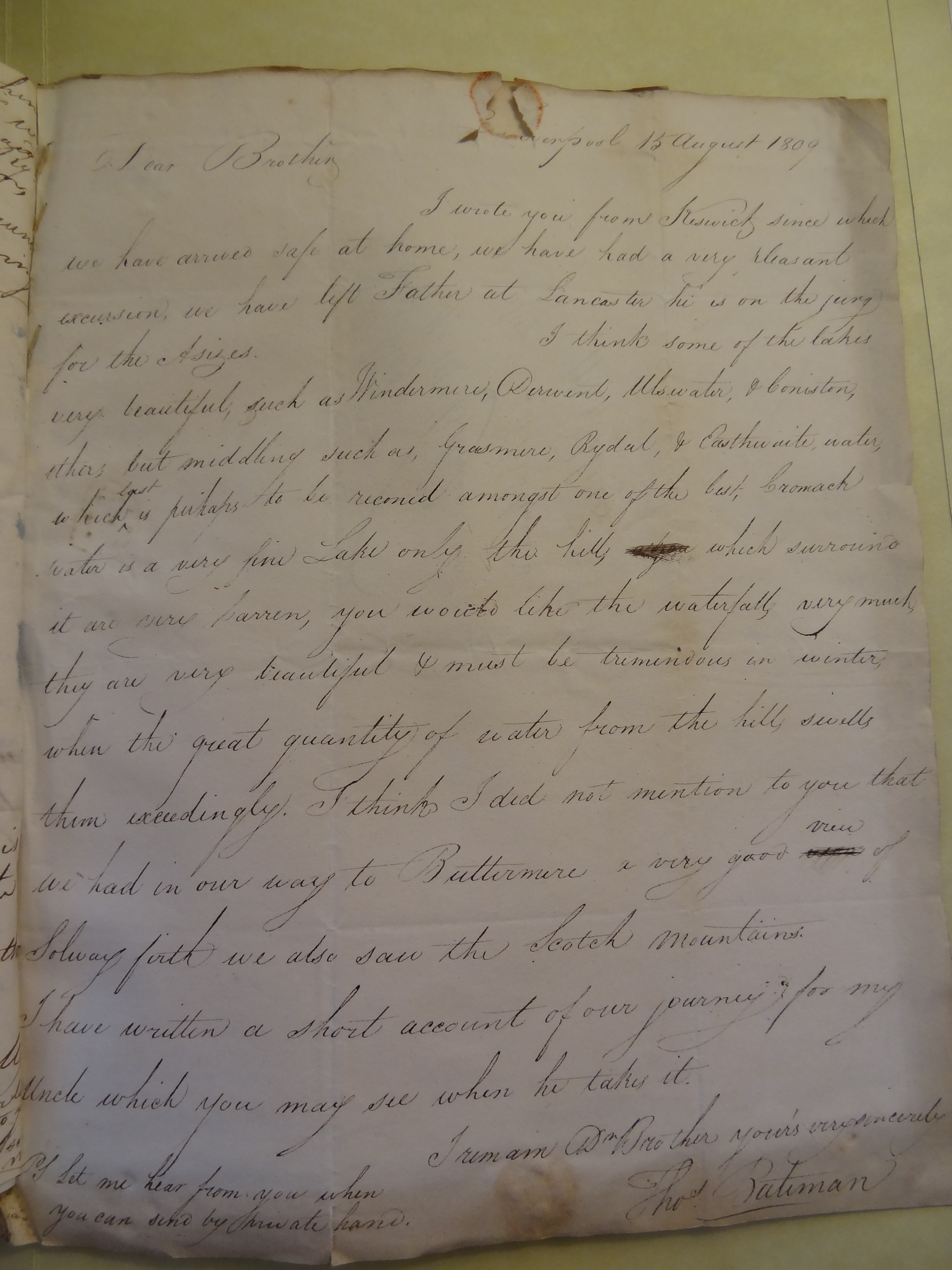 Image #1 of letter: Thomas Bateman (senior) to Thomas Bateman (junior), 13 August 1809