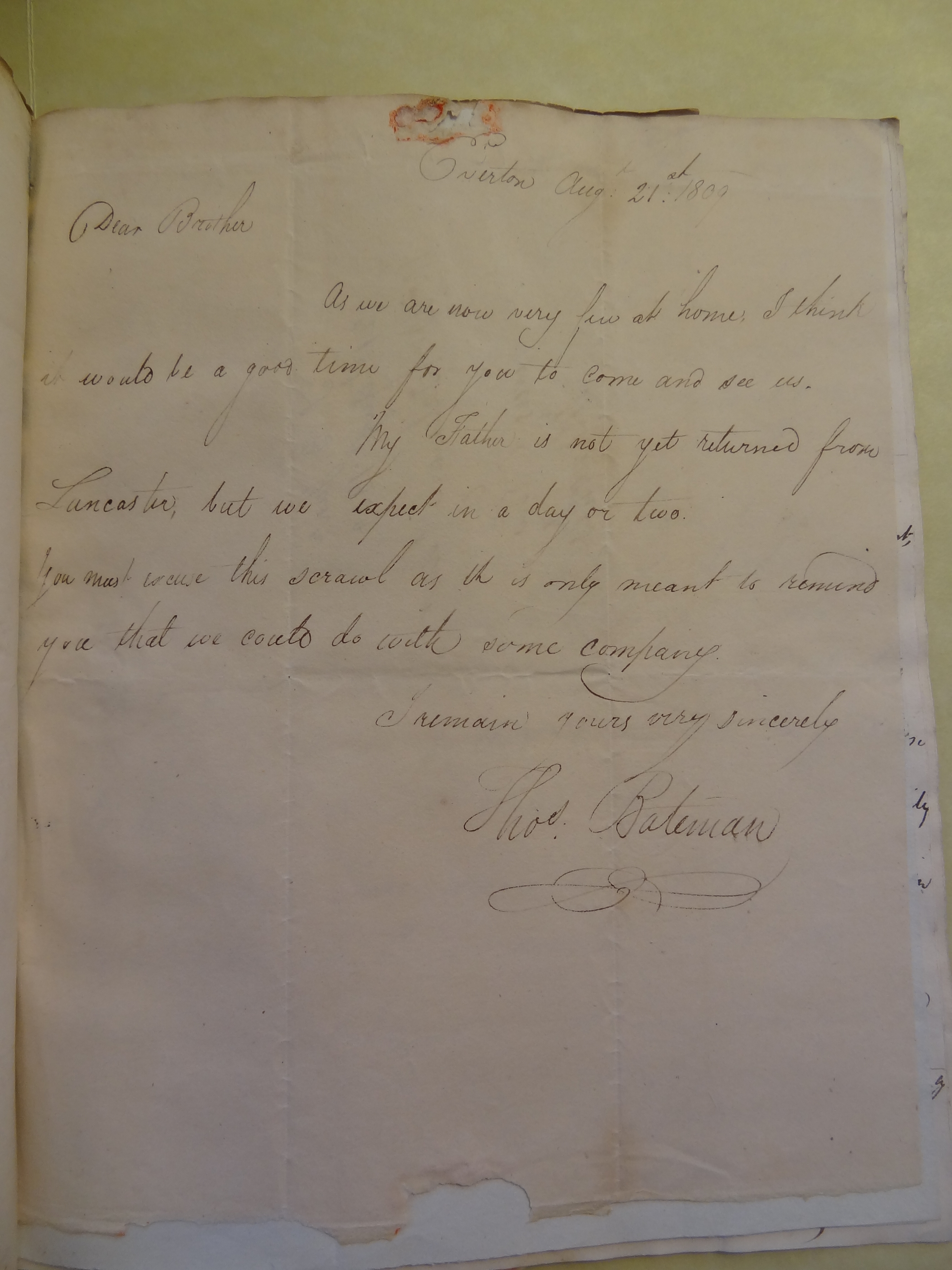 Image #1 of letter: Thomas Bateman (junior) to William Bateman, 21 August 1809