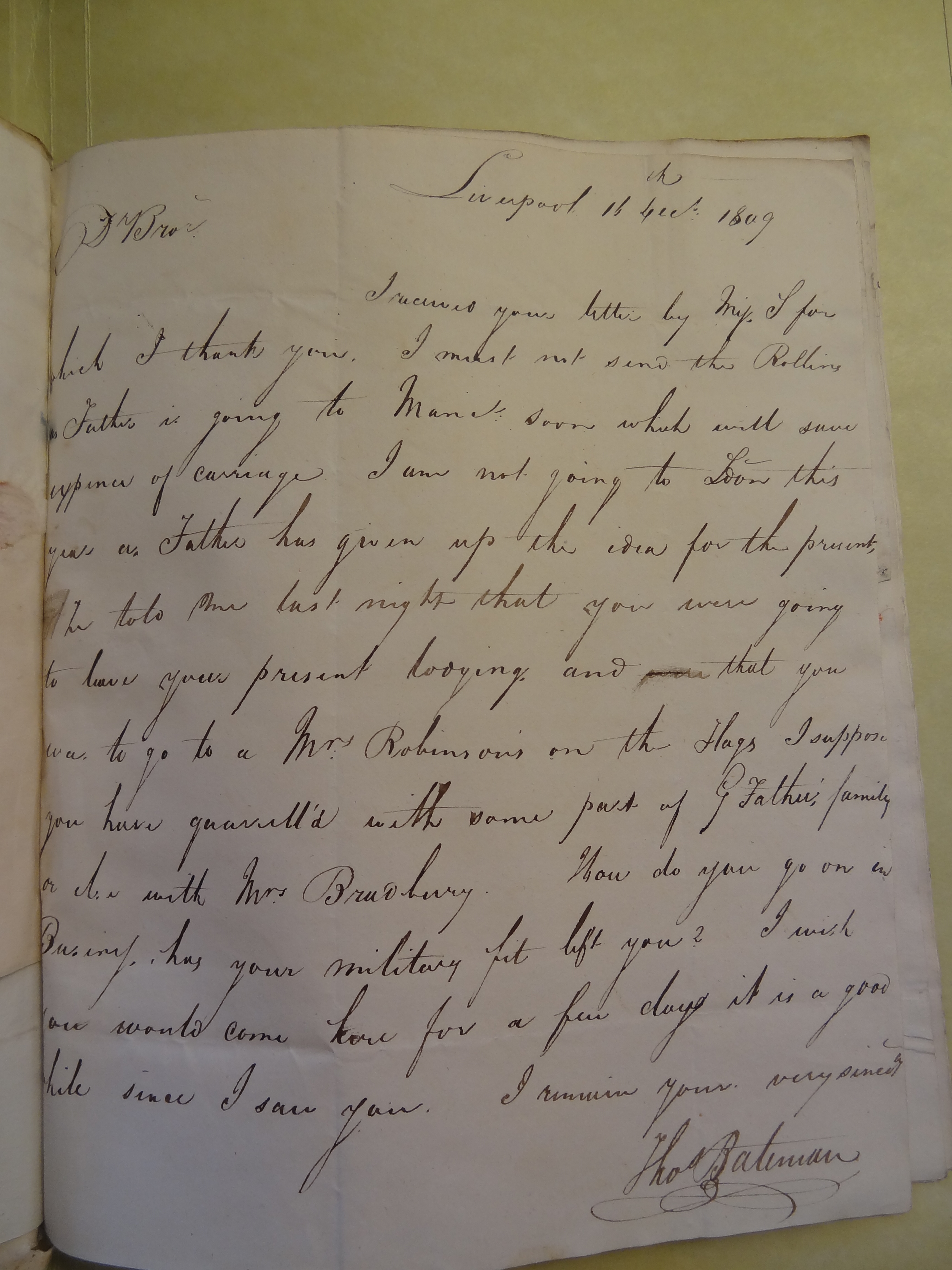 Image #1 of letter: Thomas Bateman (junior) to William Bateman, 11 [illeg] 1809