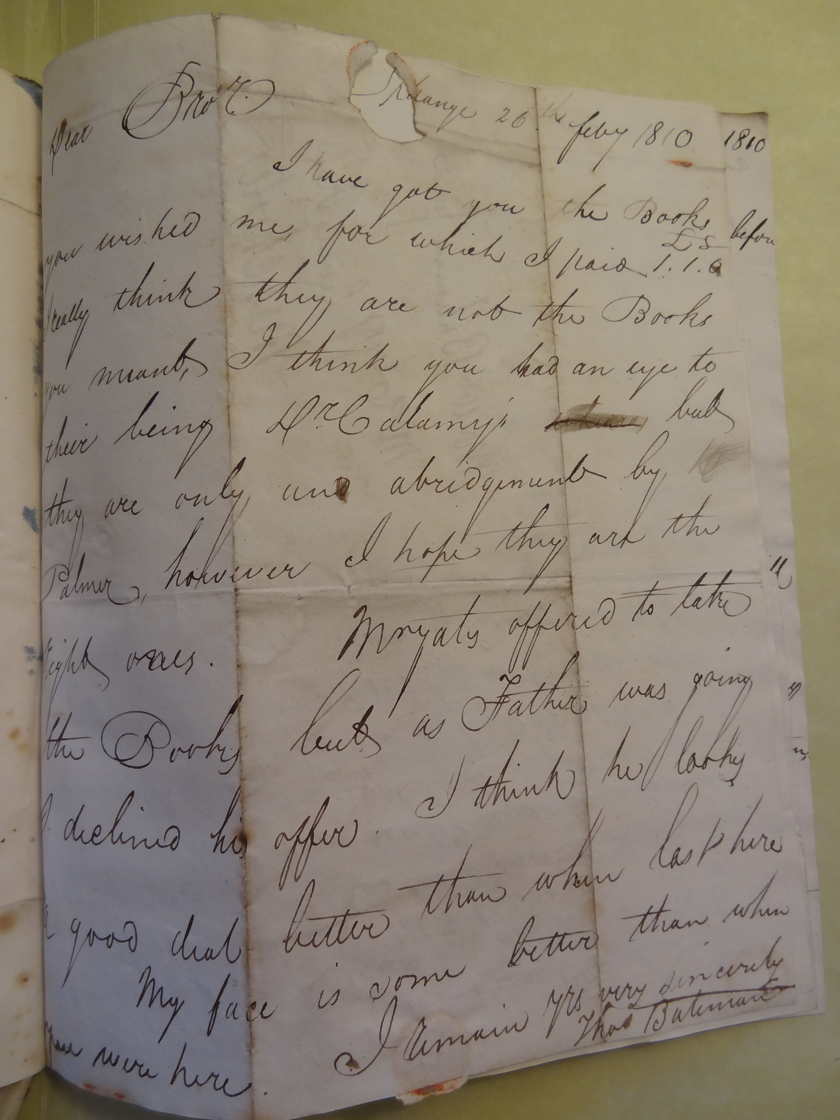 Image #1 of letter: Thomas Bateman (junior) to William Bateman, 26 February 1810