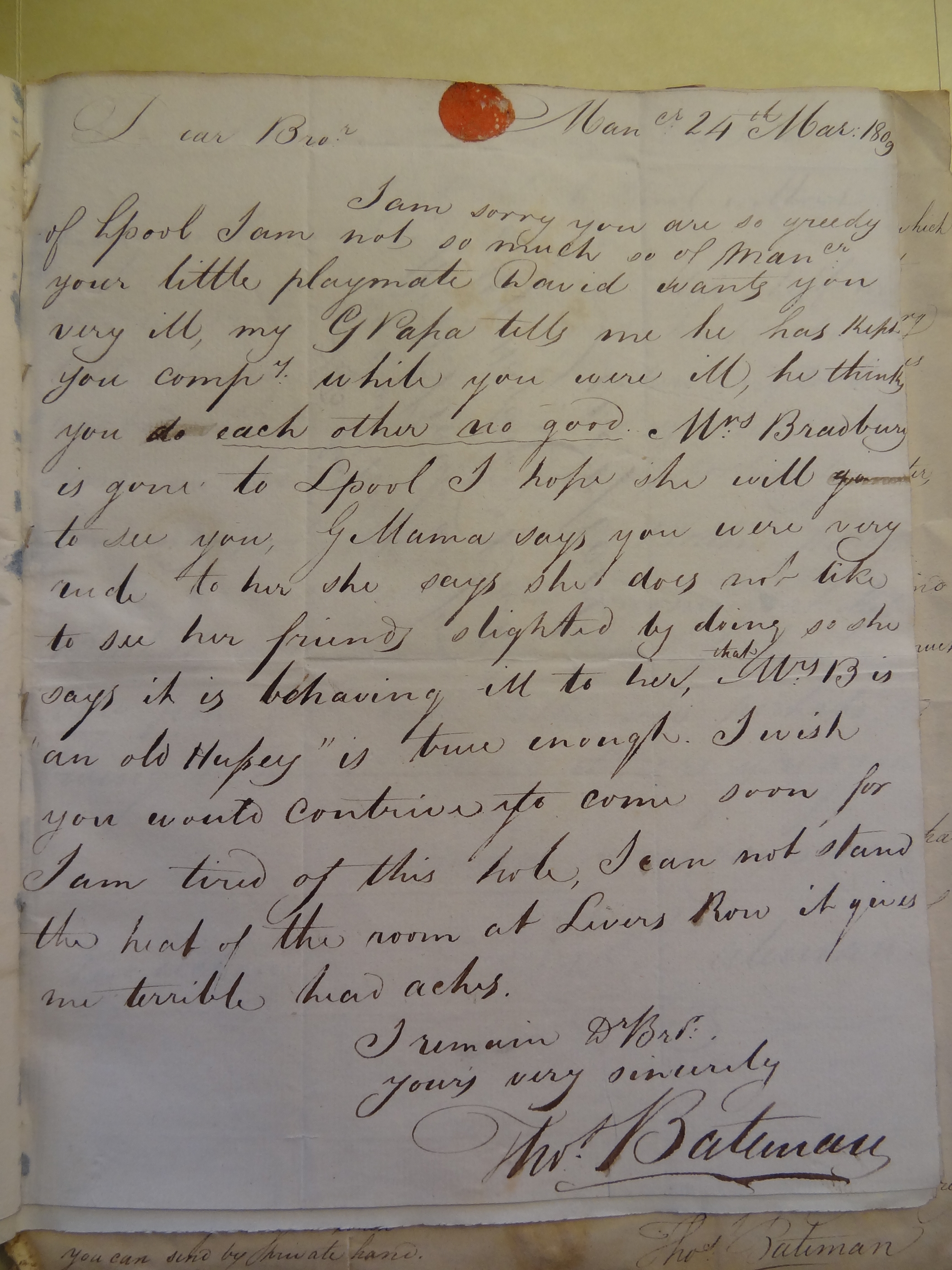 Image #1 of letter: Thomas Bateman (junior) to William Bateman, 24 March 1809