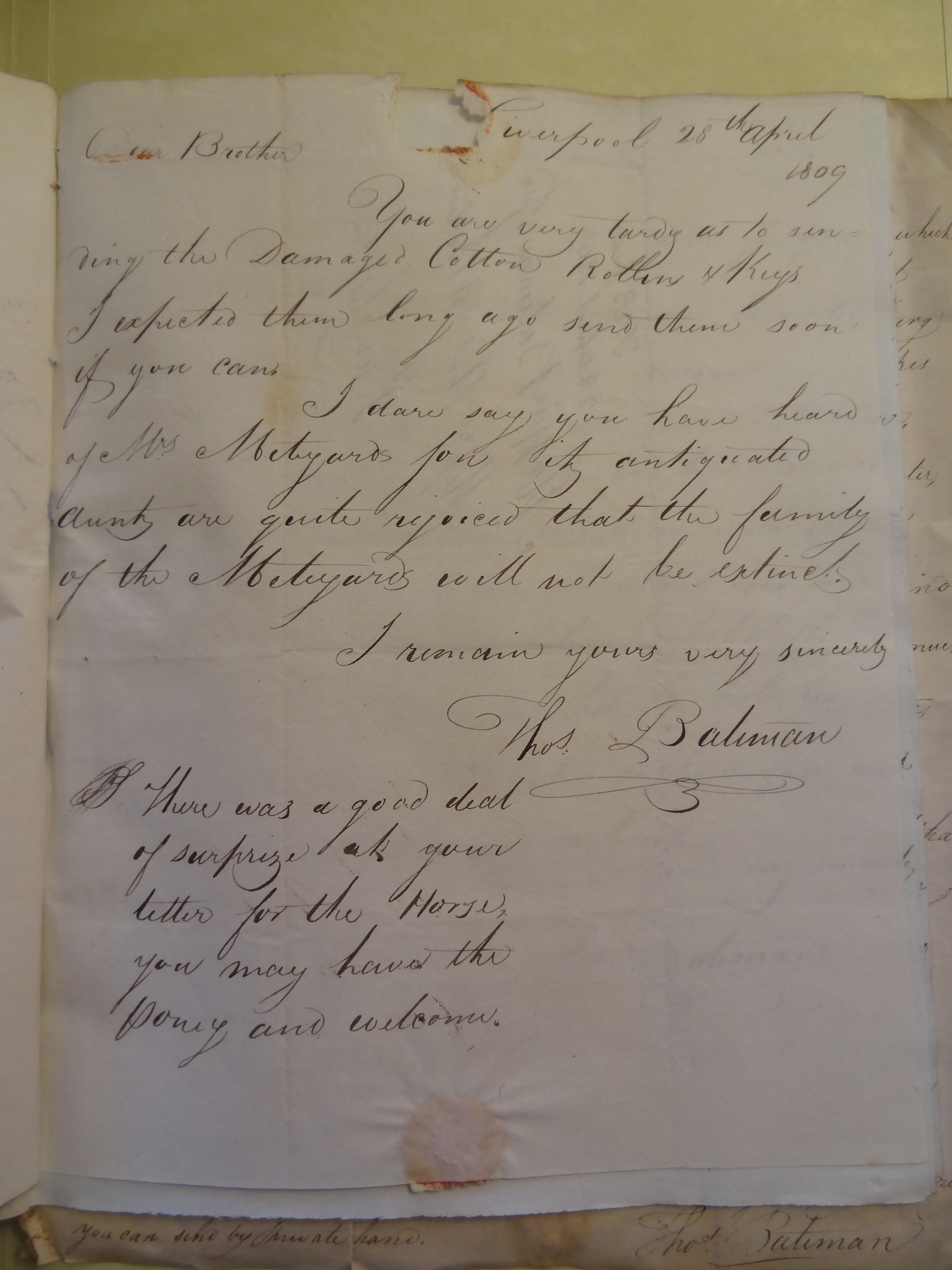 Image #1 of letter: Thomas Bateman (junior) to William Bateman, 28 April 1809