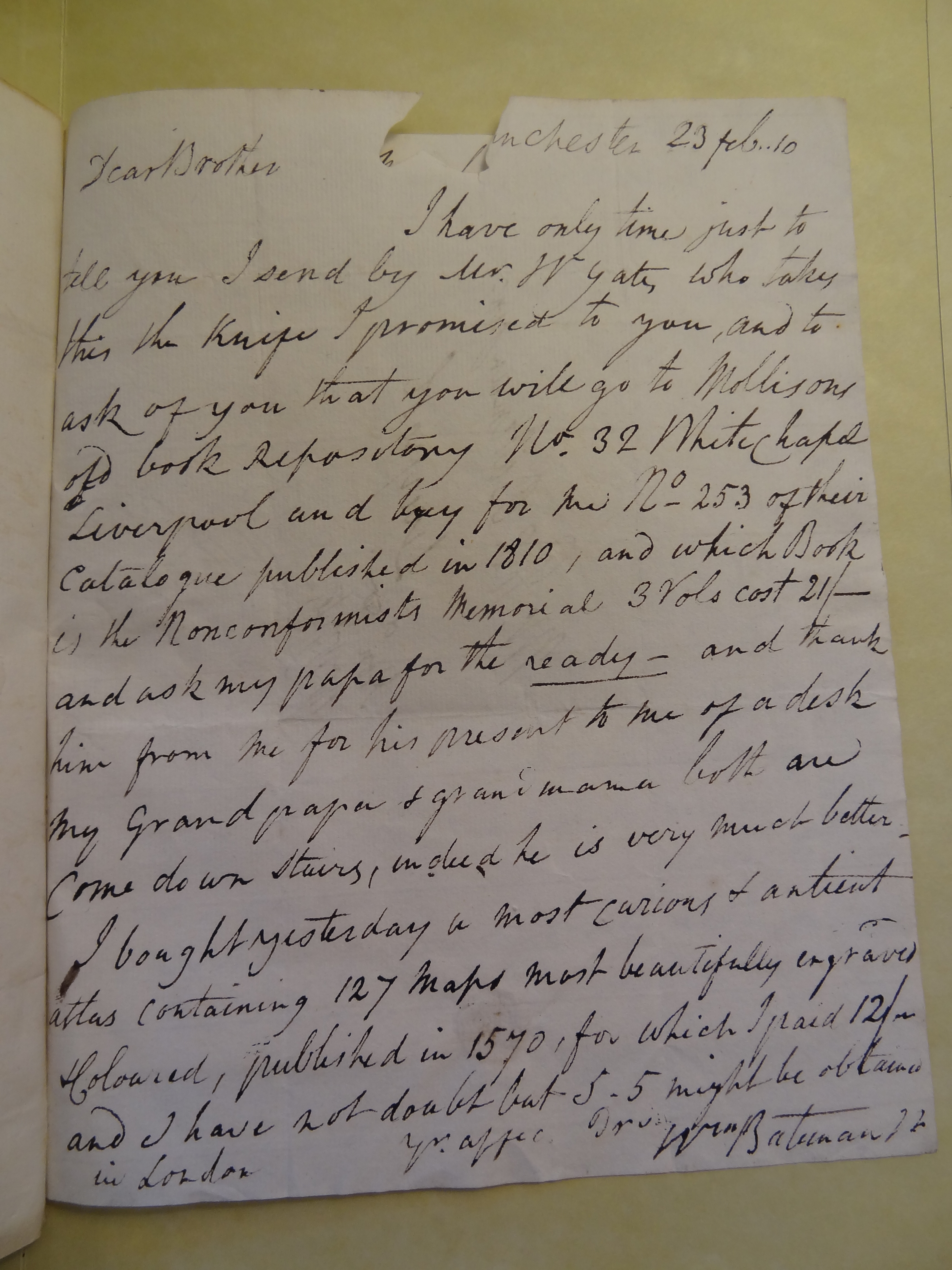 Image #1 of letter: William Bateman to Thomas Bateman (junior), 23 February 1810