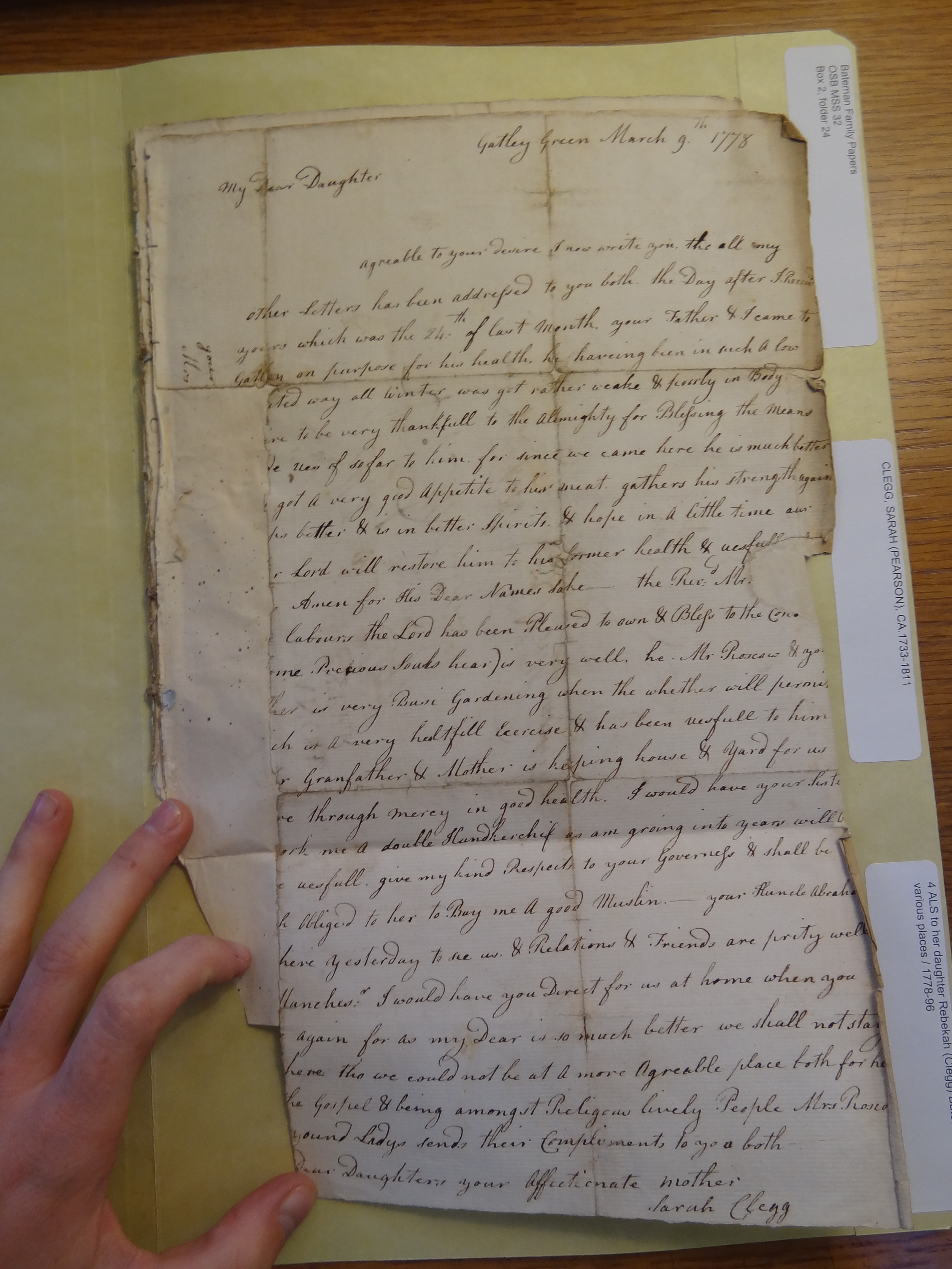 Image #1 of letter: Sarah Clegg to Rebekah Bateman, 9 March 1778