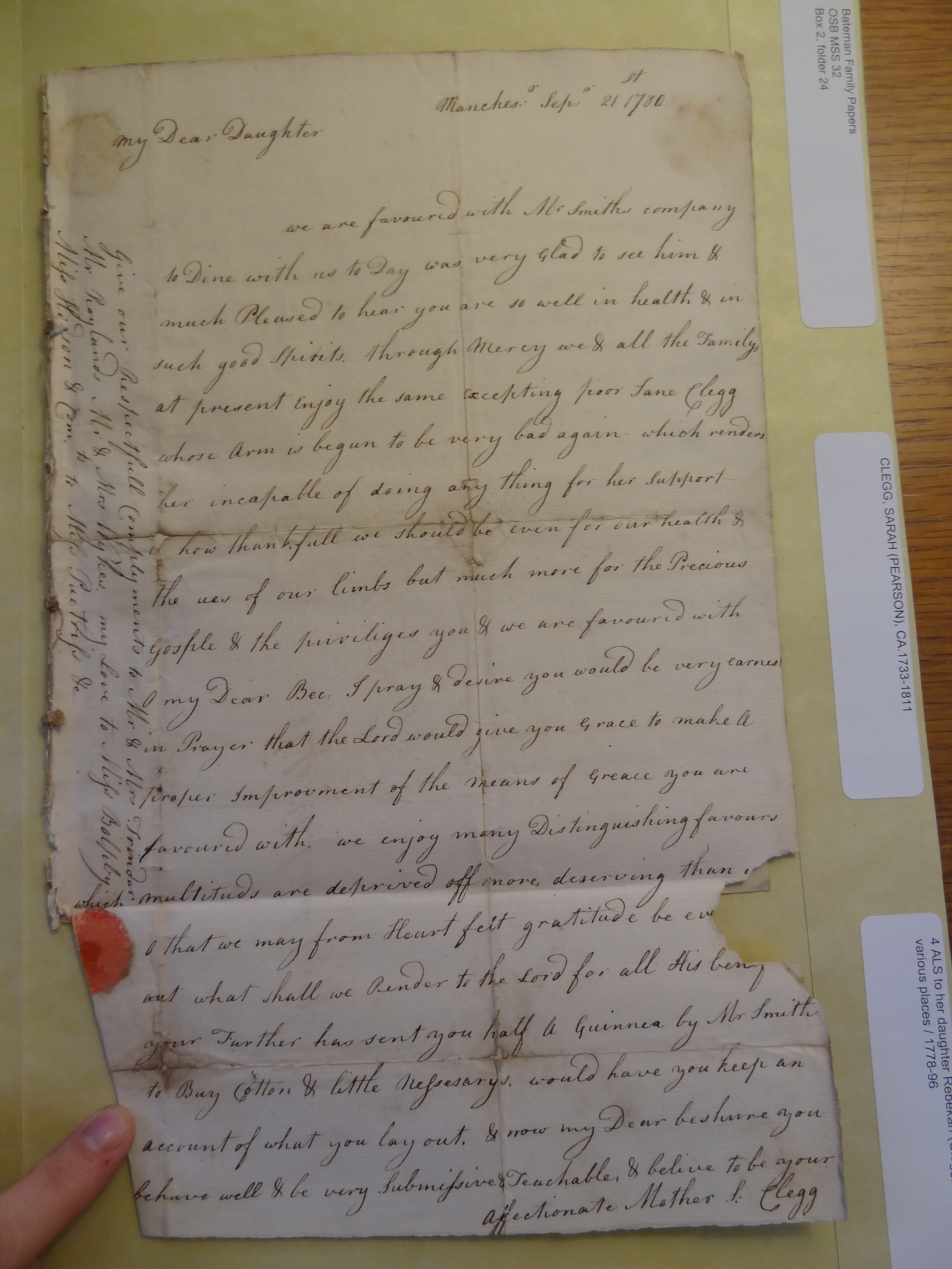 Image #1 of letter: Sarah Clegg to Rebekah Bateman, 21 September 1780