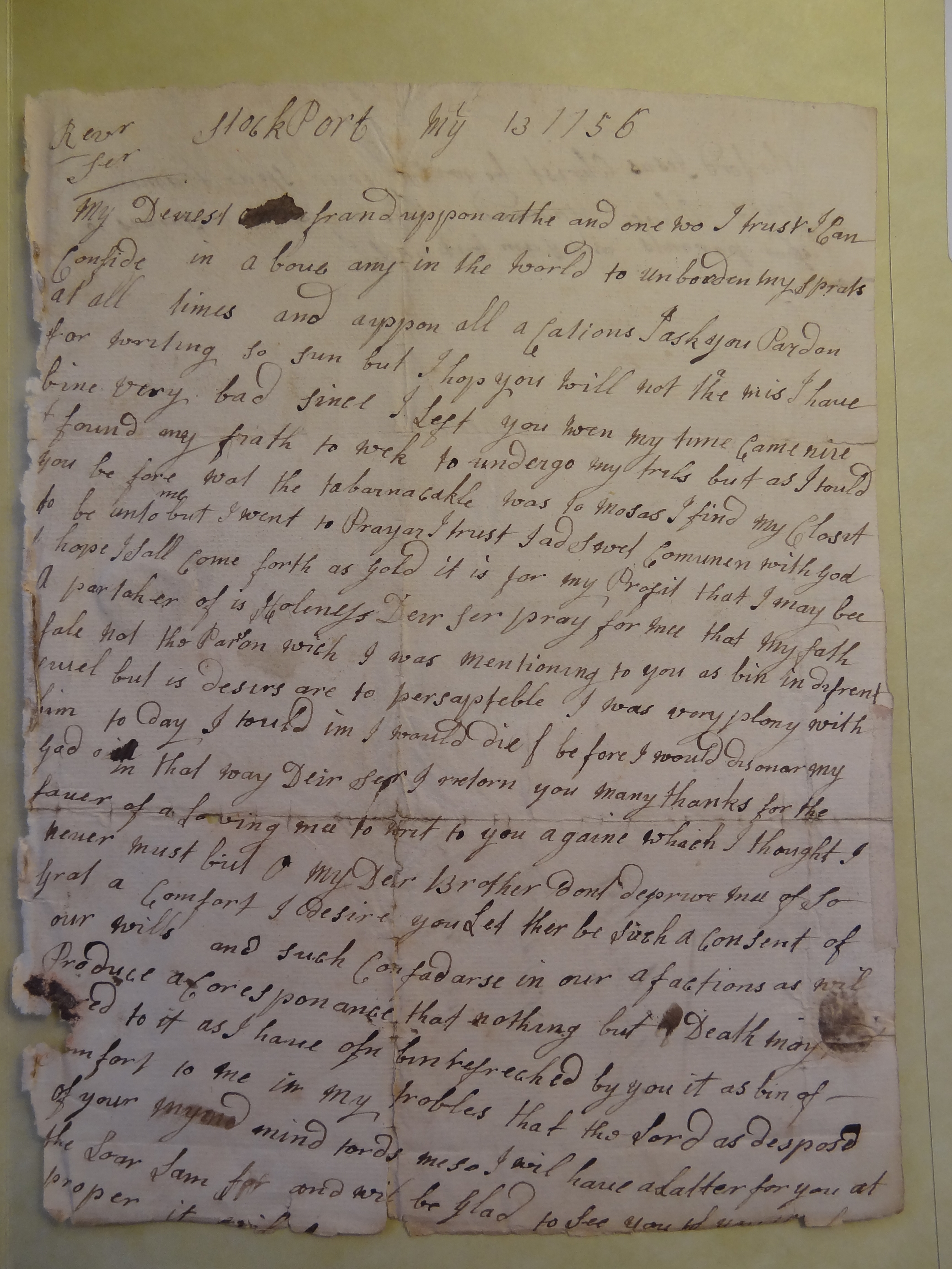 Image #1 of letter: Olive Howard to Rev Mr Wharowist, 13 May 1756