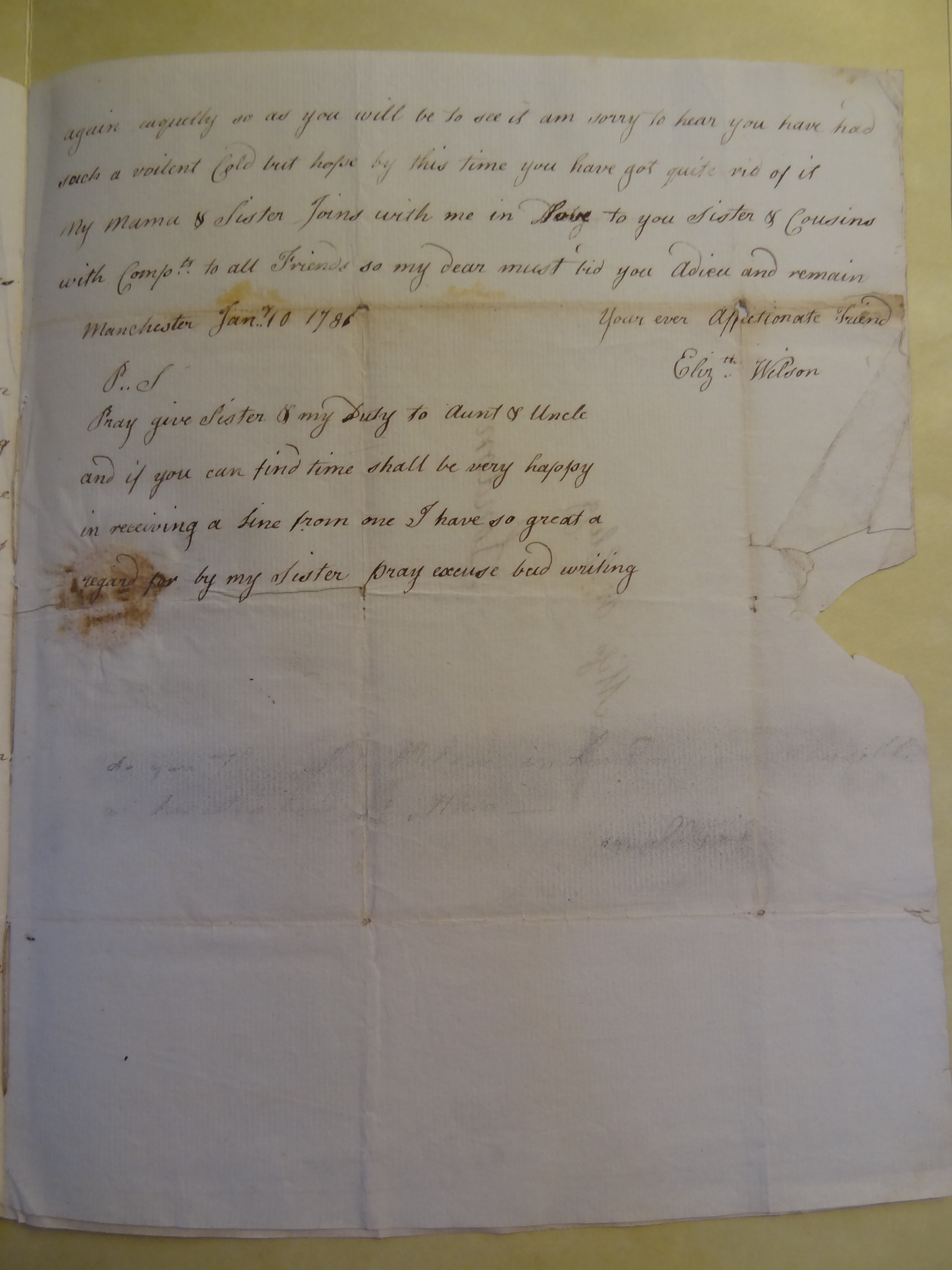Image #3 of letter: Miss Elizabeth Wilson to Rebekah Bateman, 10 January 1785