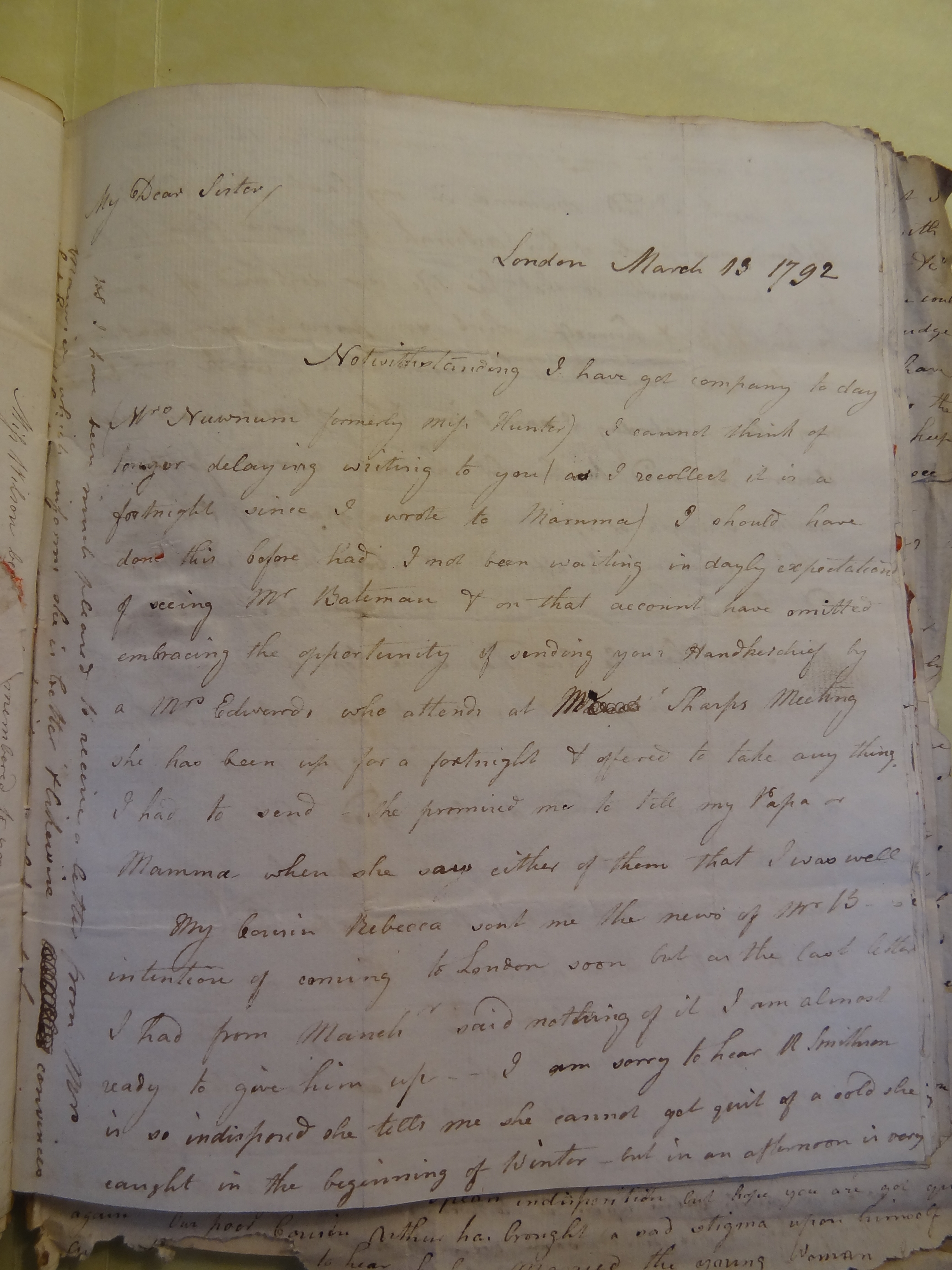 Image #1 of letter: Elizabeth Wilson to Rebekah Bateman, 13 March 1792