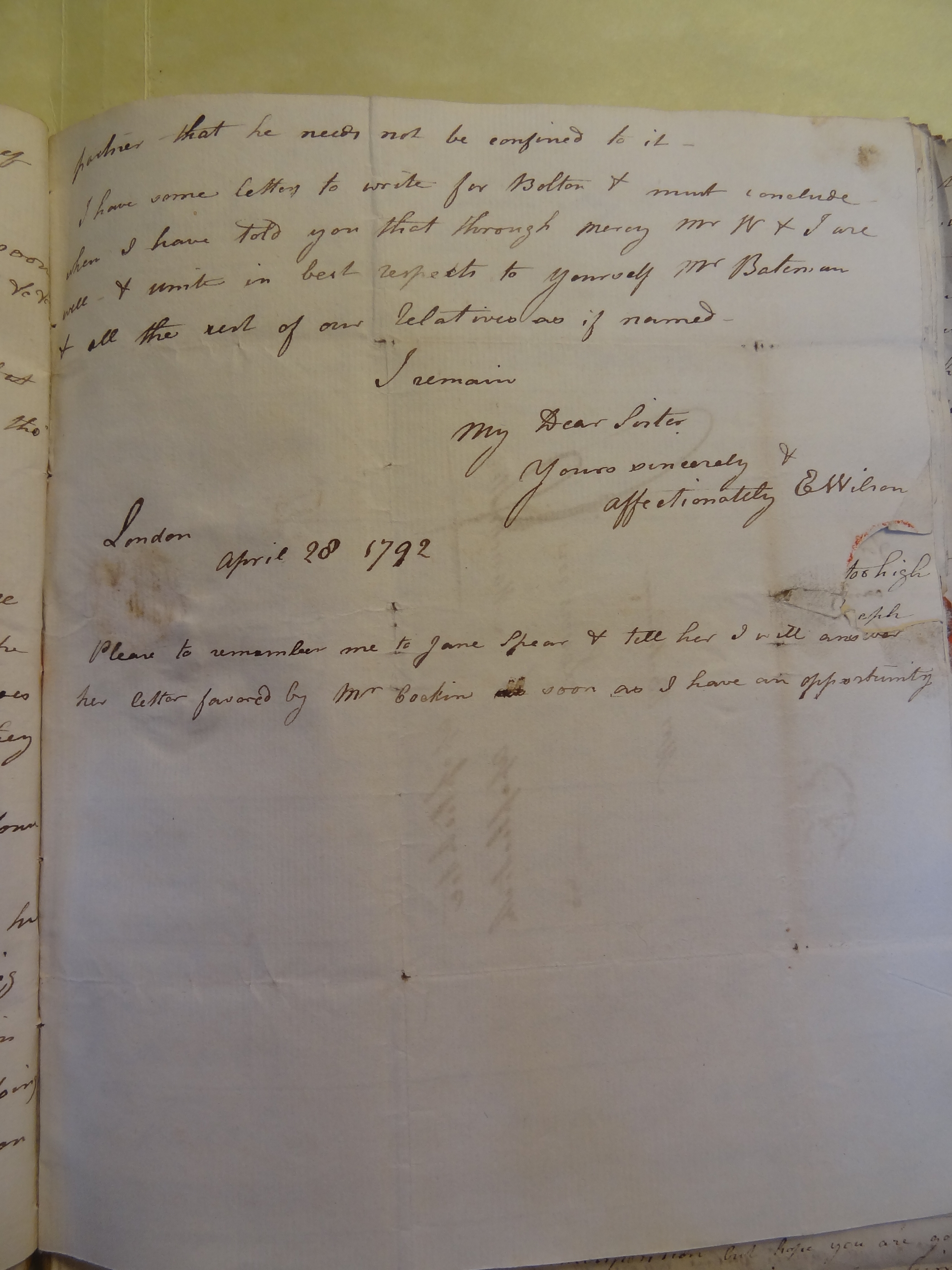 Image #3 of letter: Elizabeth Wilson to Rebekah Bateman, 28 April 1792