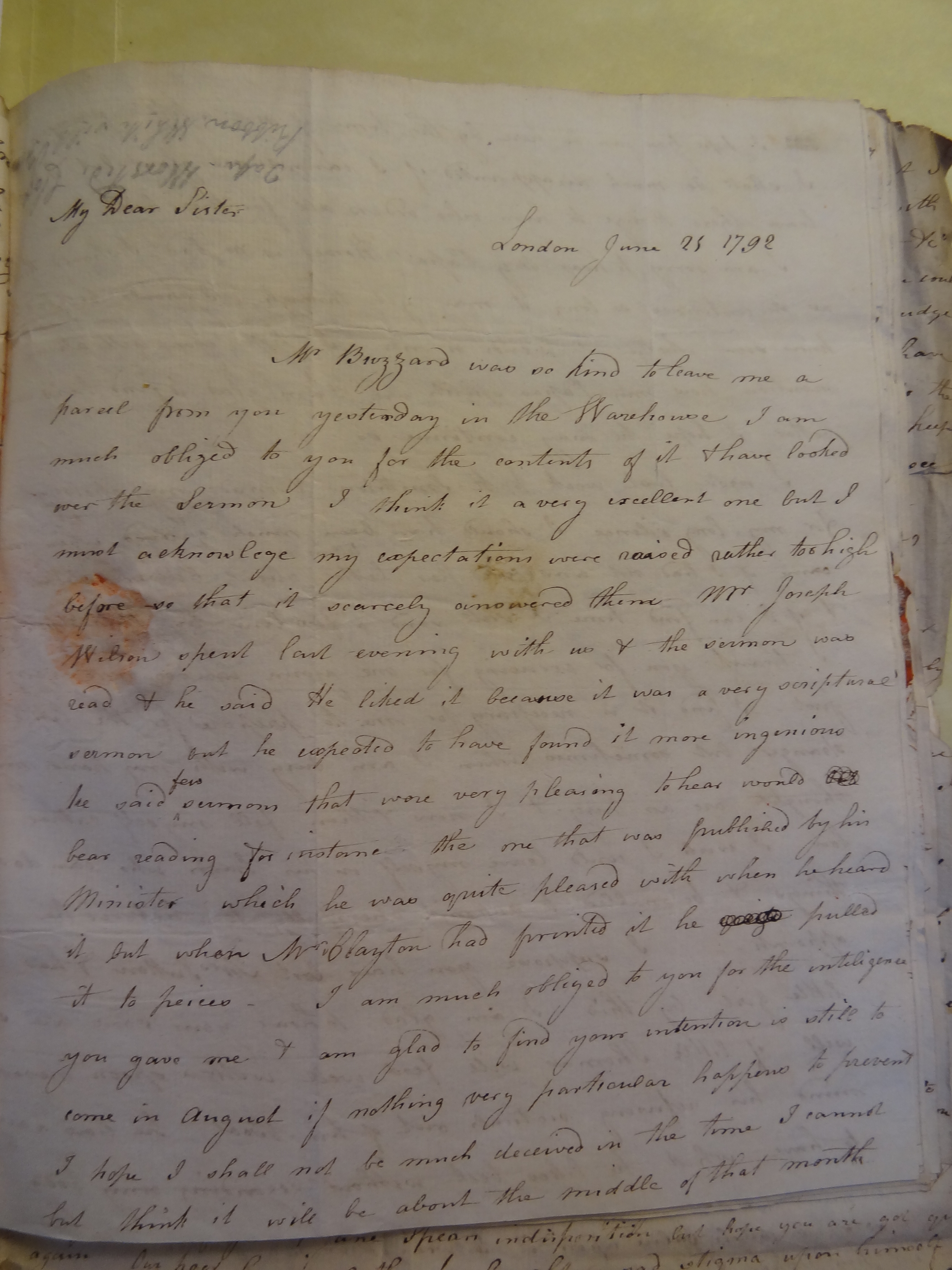 Image #1 of letter: Elizabeth Wilson to Rebekah Bateman, 25 June 1792