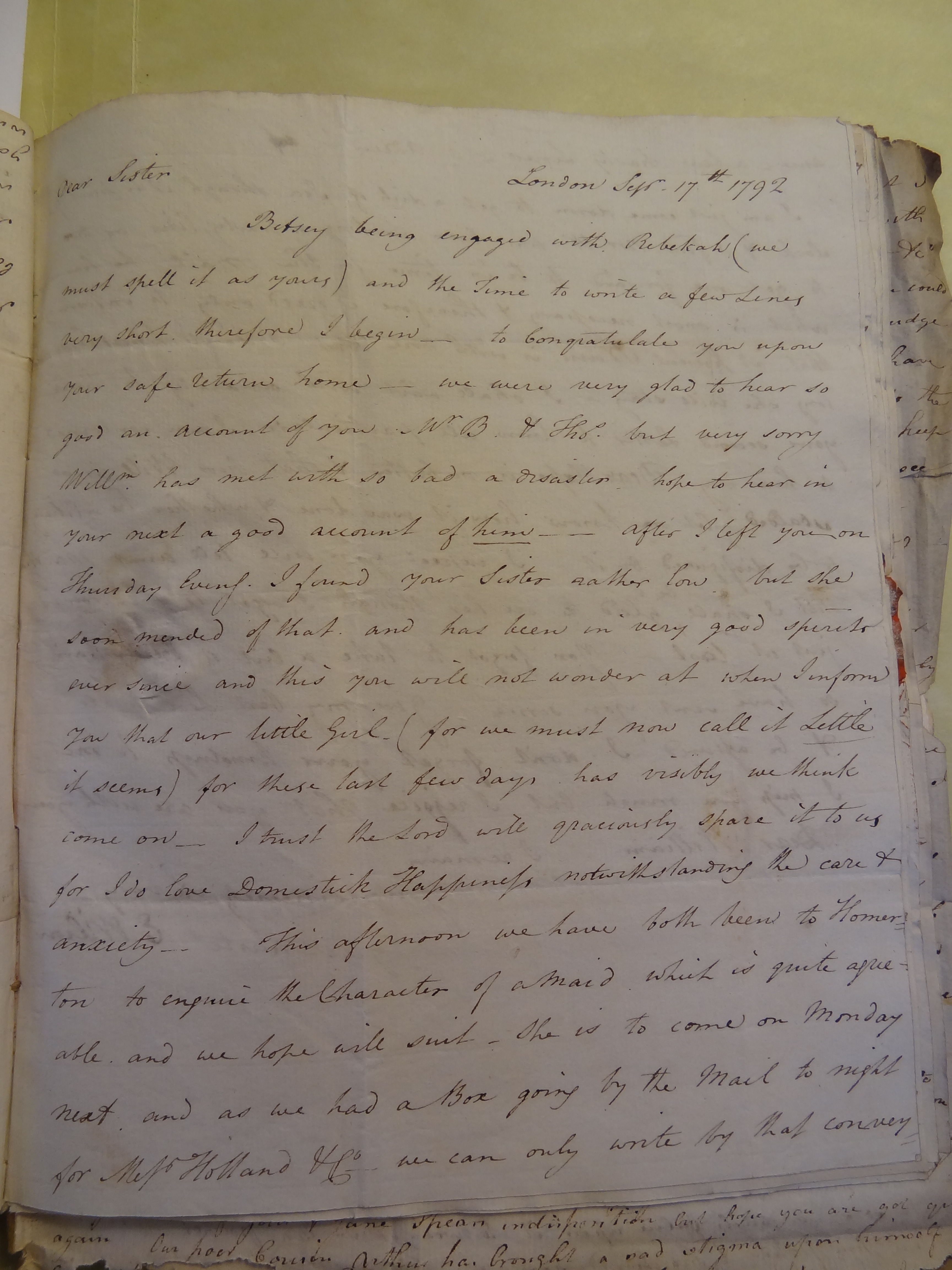 Image #1 of letter: Elizabeth Wilson to Rebekah Bateman, 17 September 1792