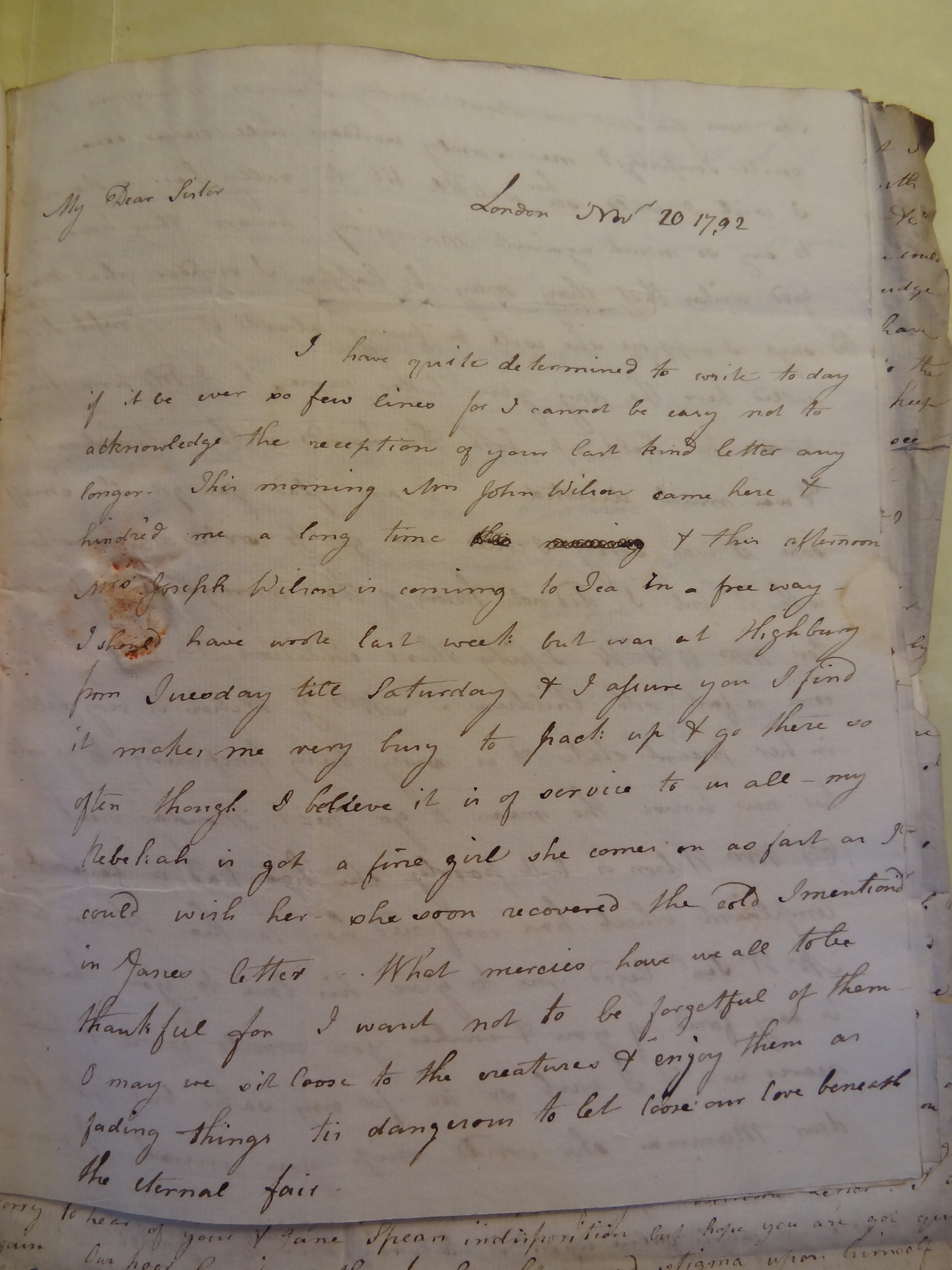 Image #1 of letter: Elizabeth Wilson to Rebekah Bateman, 20 November 1792