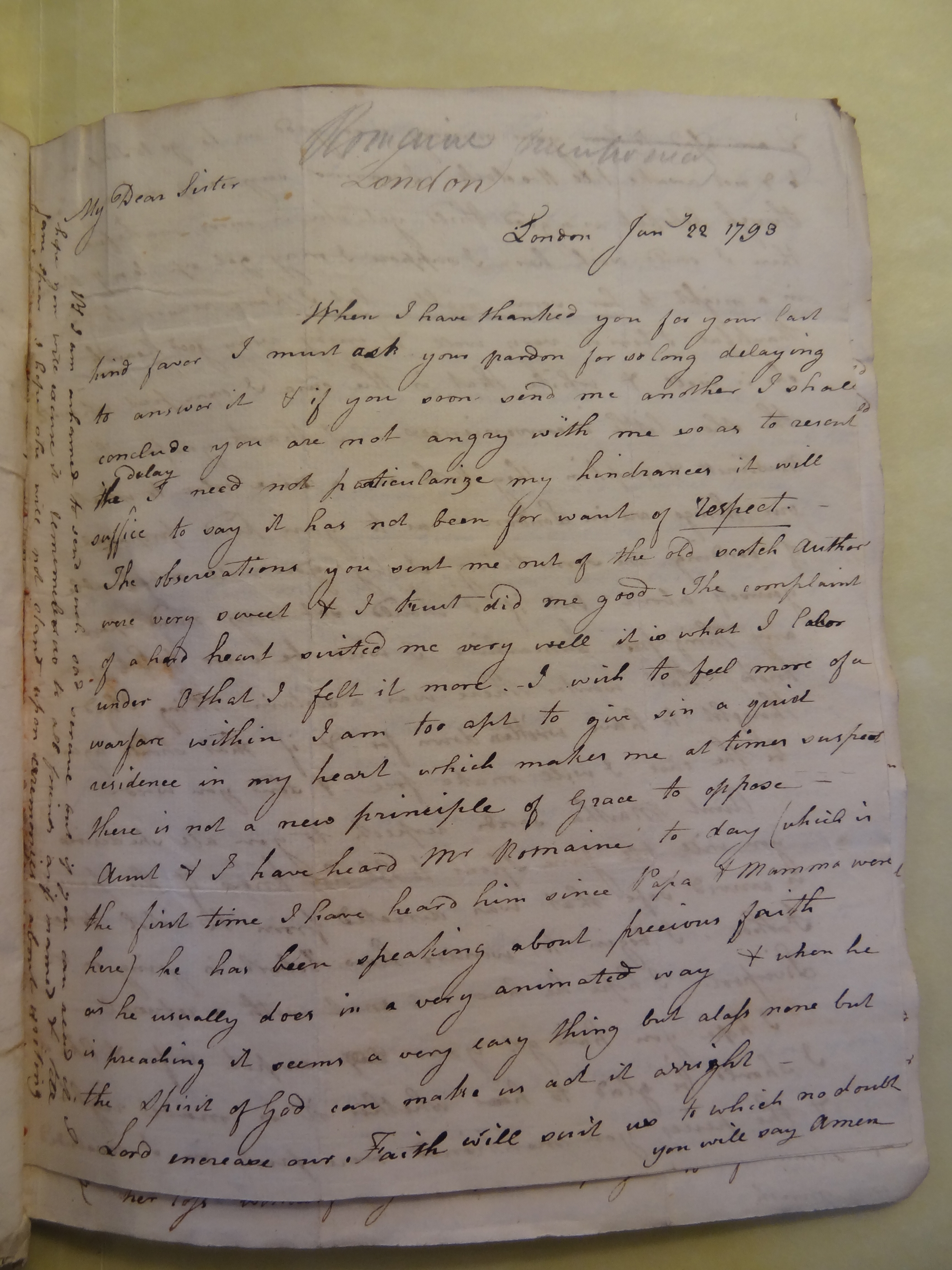 Image #1 of letter: Elizabeth Wilson to Rebekah Bateman, 22 January 1798