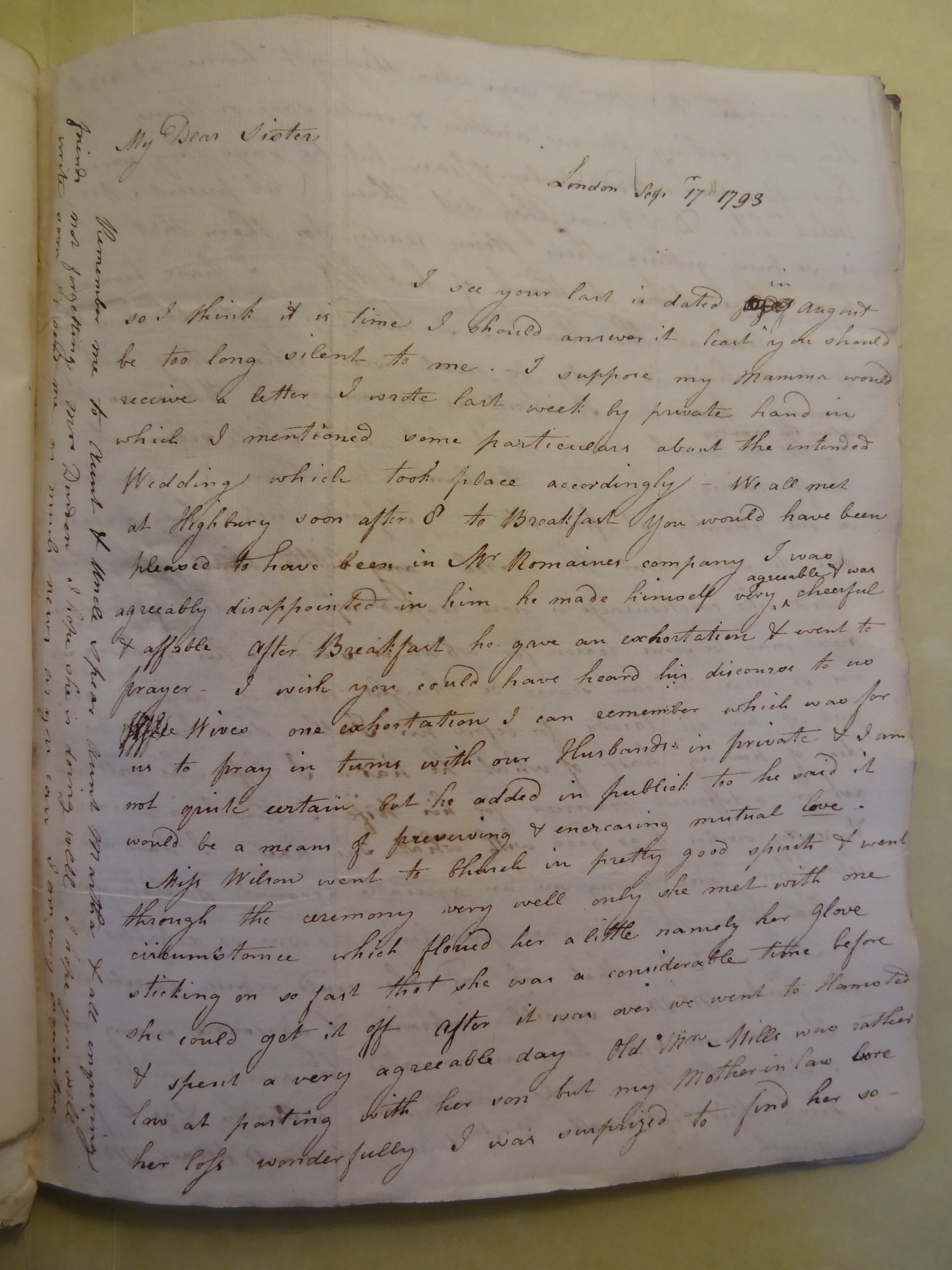 Image #1 of letter: Elizabeth Wilson to Rebekah Bateman, 17 September 1793