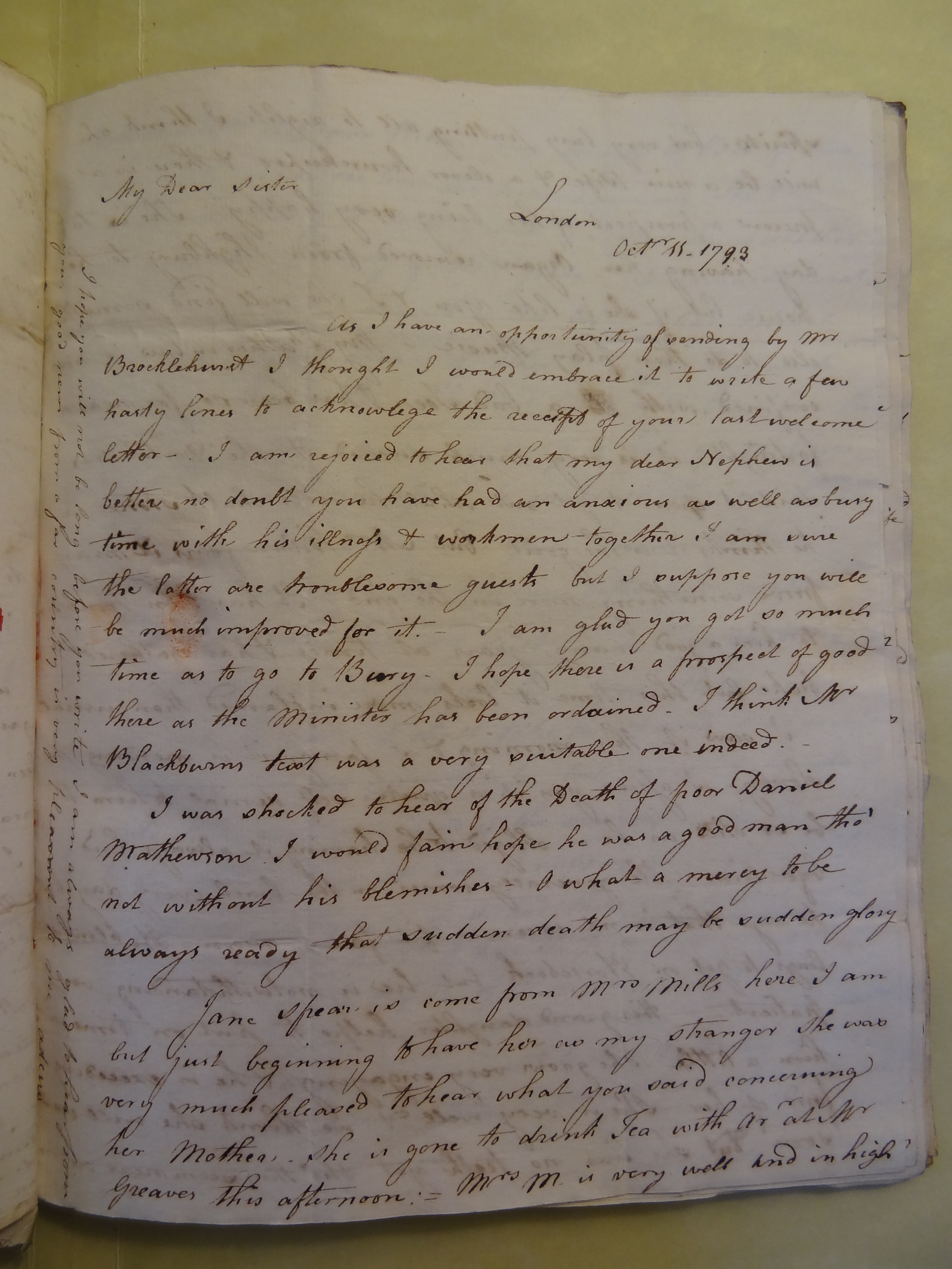 Image #1 of letter: Elizabeth Wilson to Rebekah Bateman, 11 October 1793
