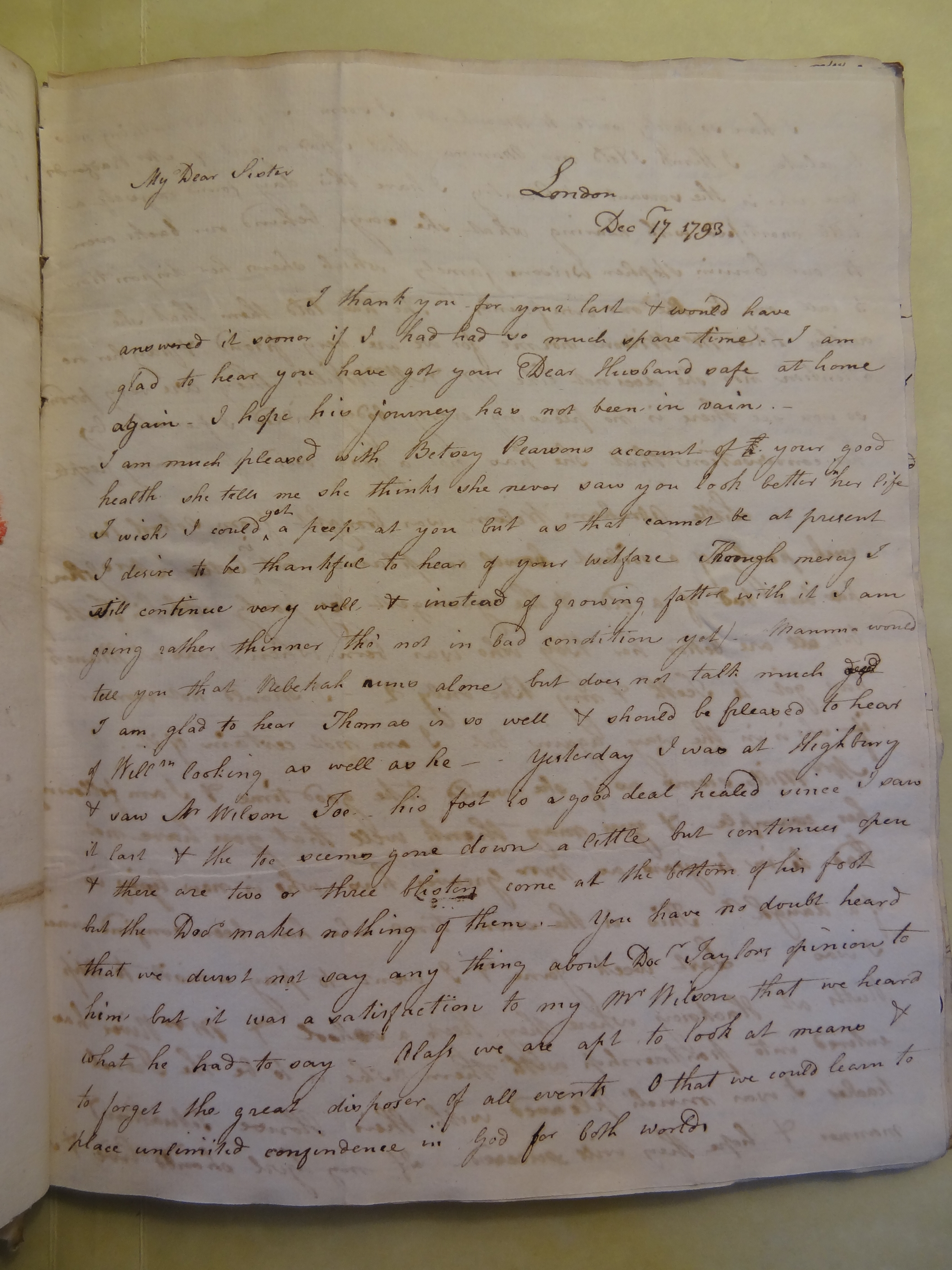 Image #1 of letter: Elizabeth Wilson to Rebekah Bateman, 17 December 1793
