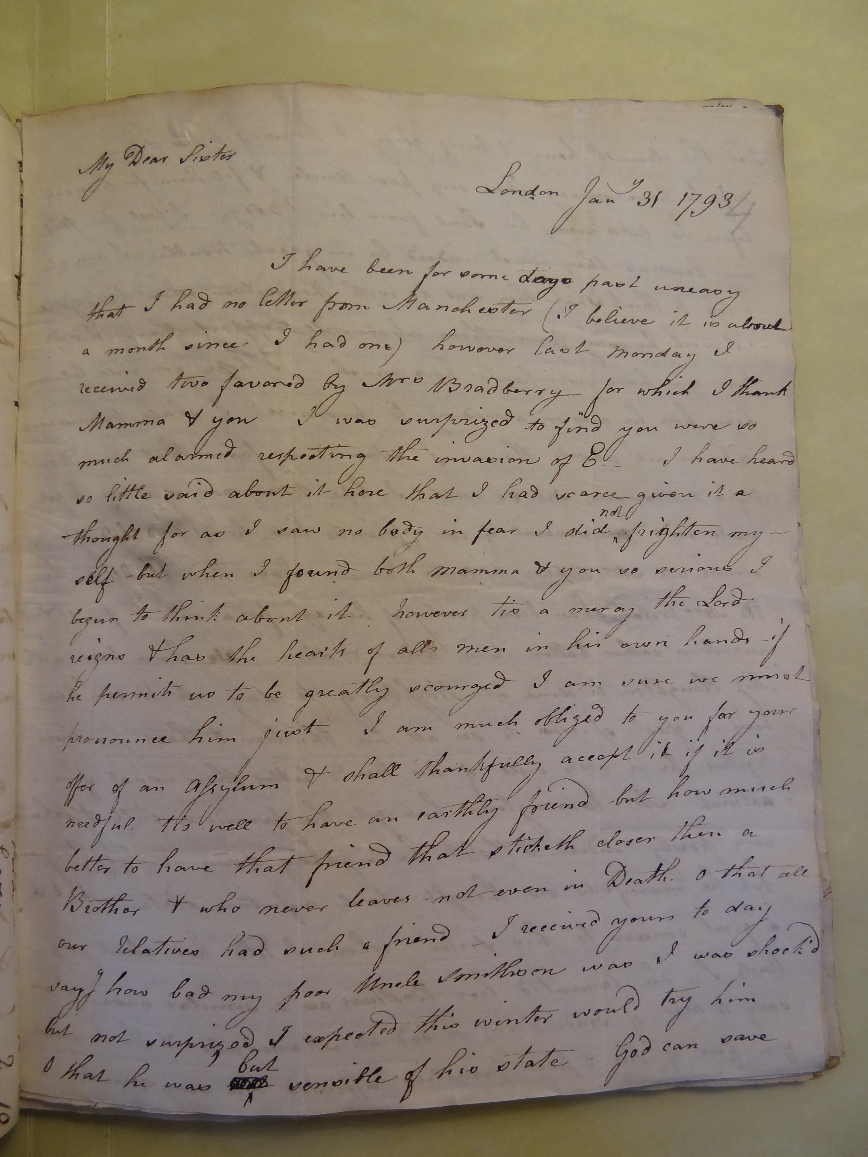 Image #1 of letter: Elizabeth Wilson to Rebekah Bateman, 31 January 1793