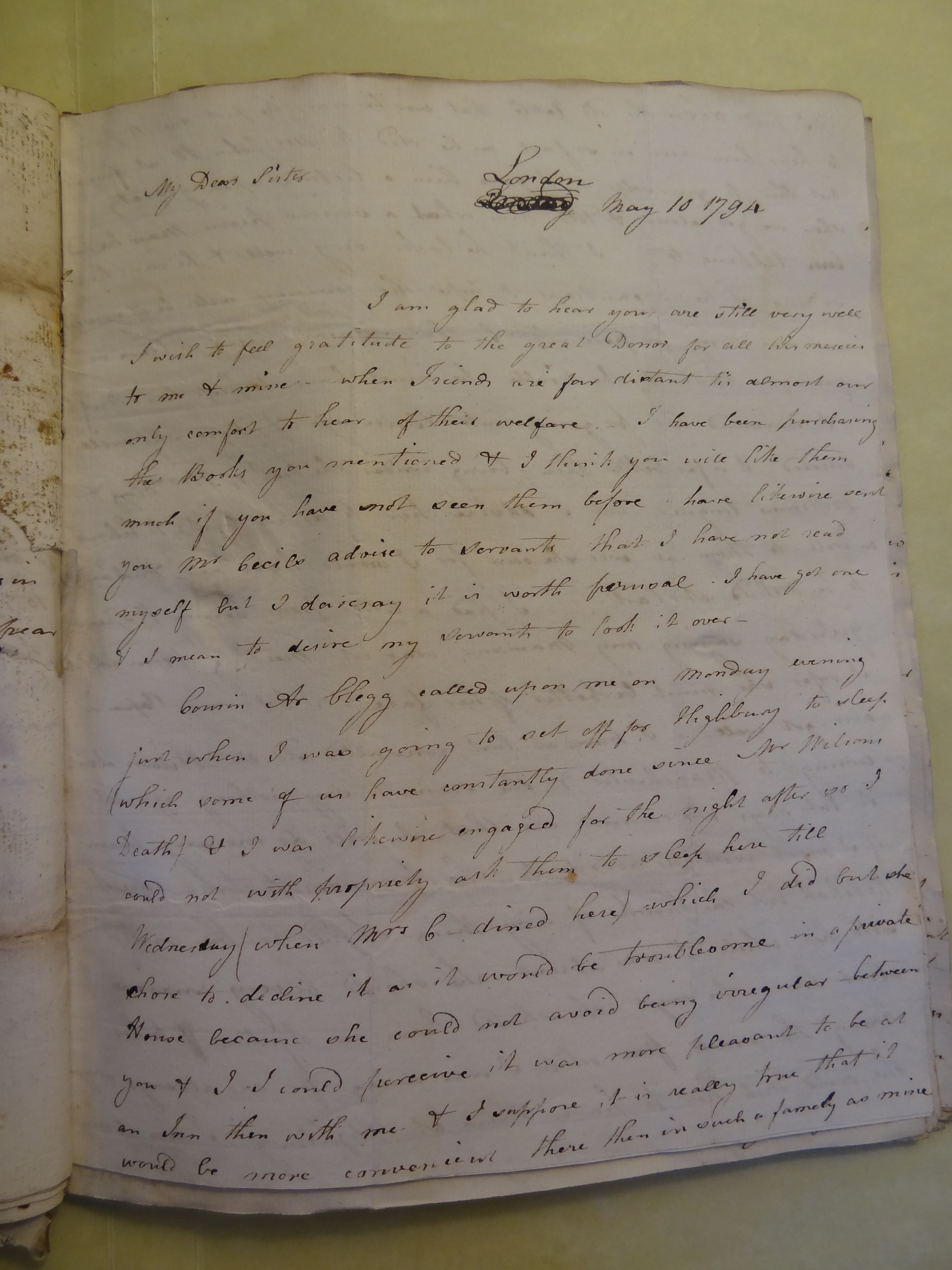 Image #1 of letter: Elizabeth Wilson to Rebekah Bateman, 10 May 1794