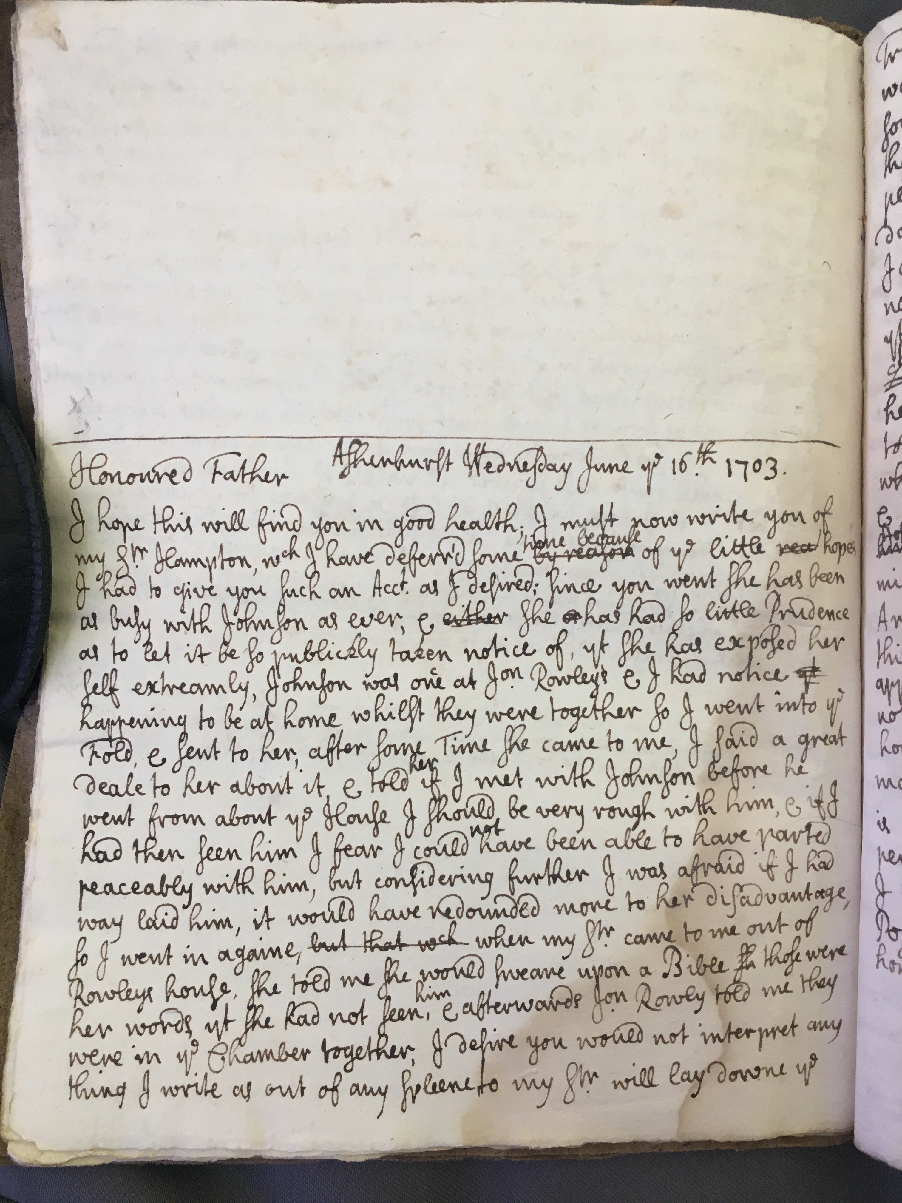 Image #1 of letter: Thomas Hollinshead to his father, Francis Hollinshead, 16 June 1703
