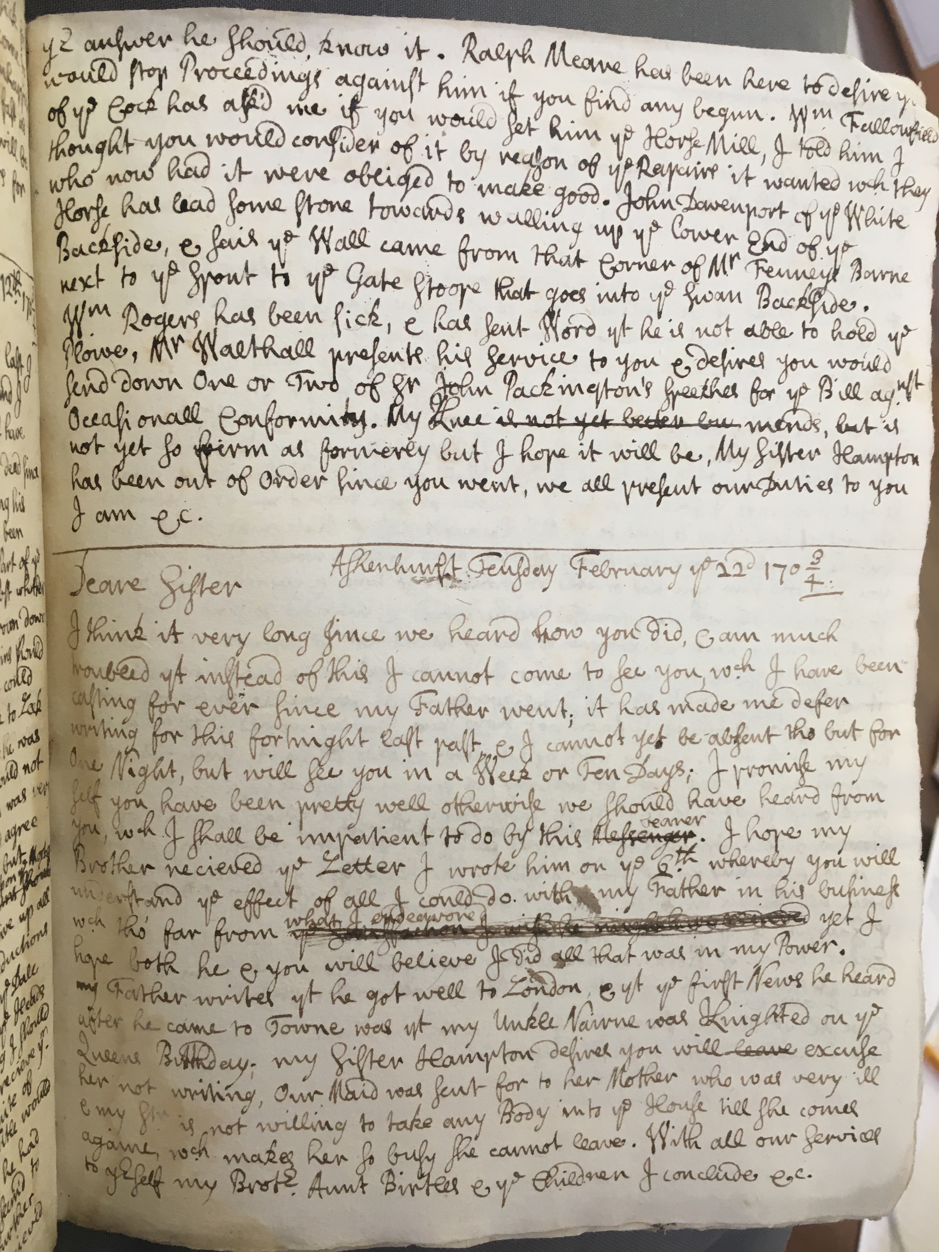 Image #1 of letter: Thomas Hollinshead to Sister Stanley, 22 February 1704
