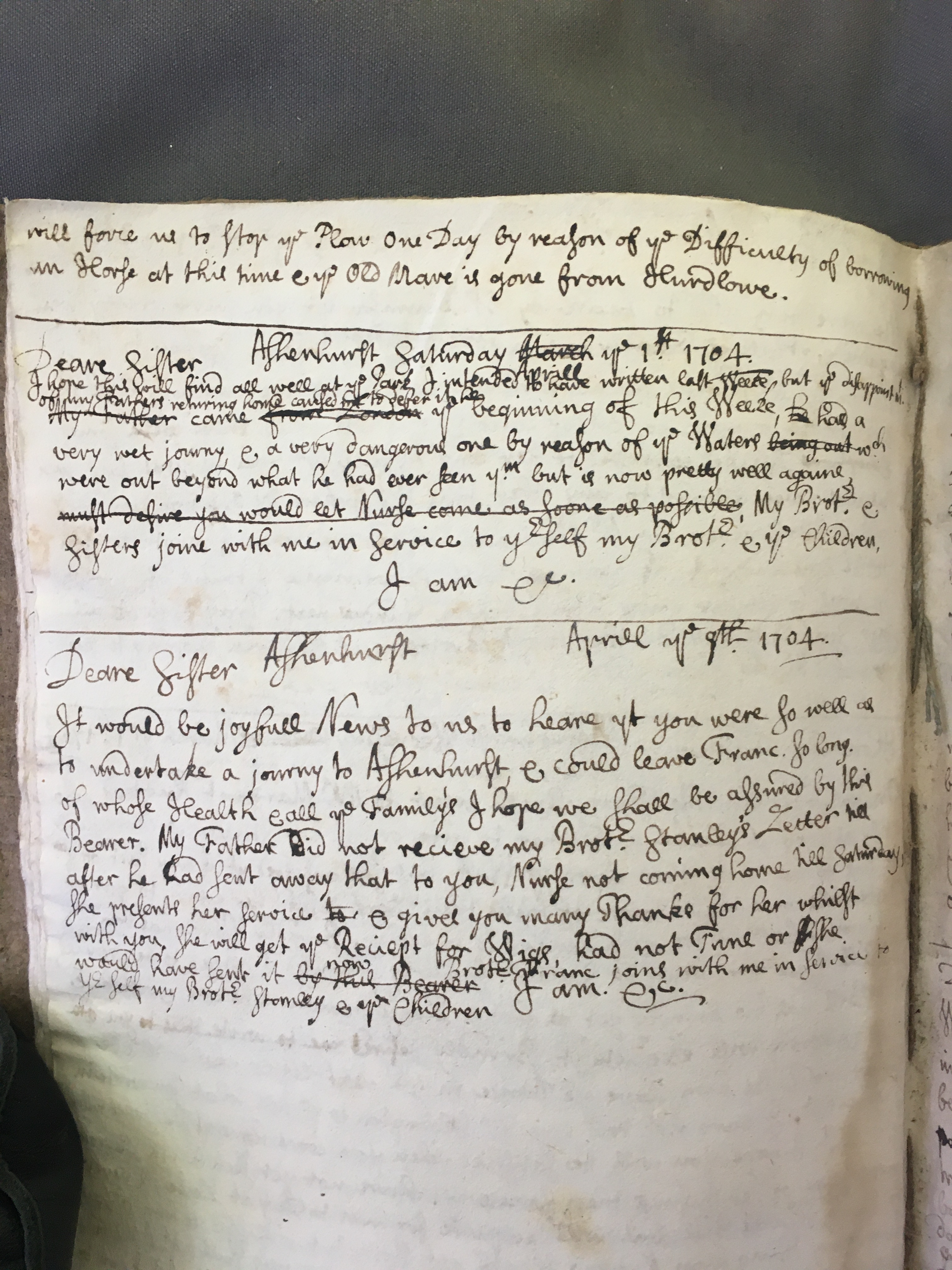Image #1 of letter: Thomas Hollinshead to his Sister Stanley, 1 April 1704