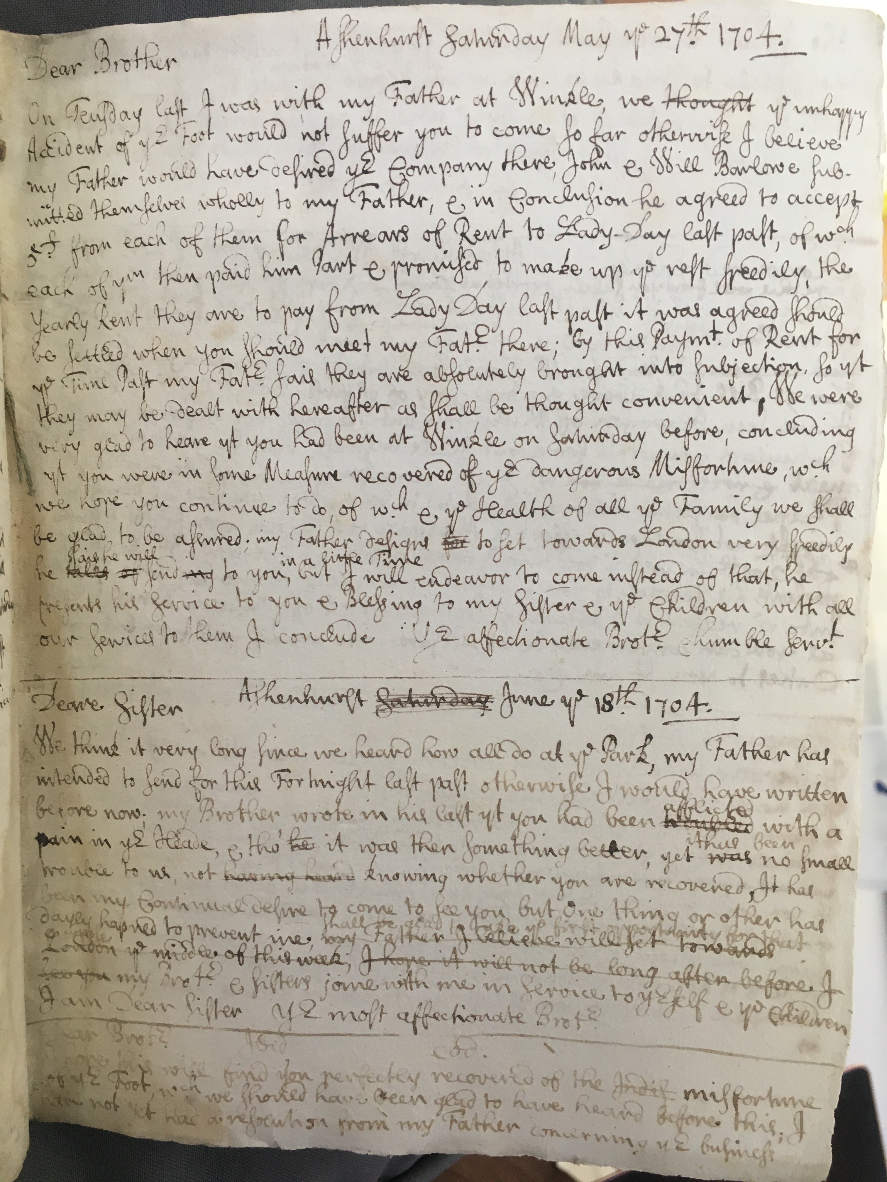 Image #1 of letter: Thomas Hollinshead to his brother-in-law Mr Stanley, 27 May 1704