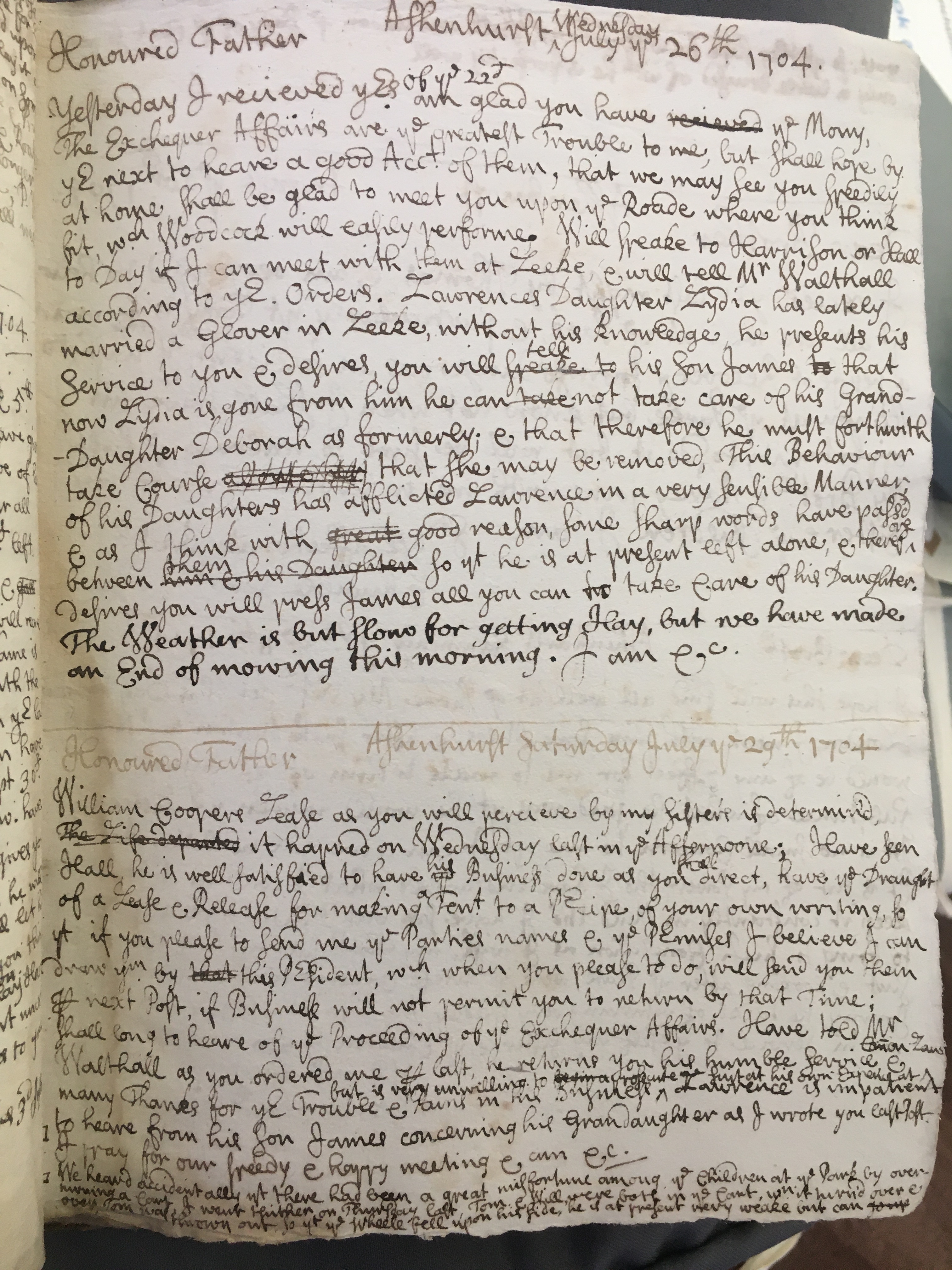 Image #1 of letter: Thomas Hollinshead to his father Francis Hollinshead,  26 July 1704