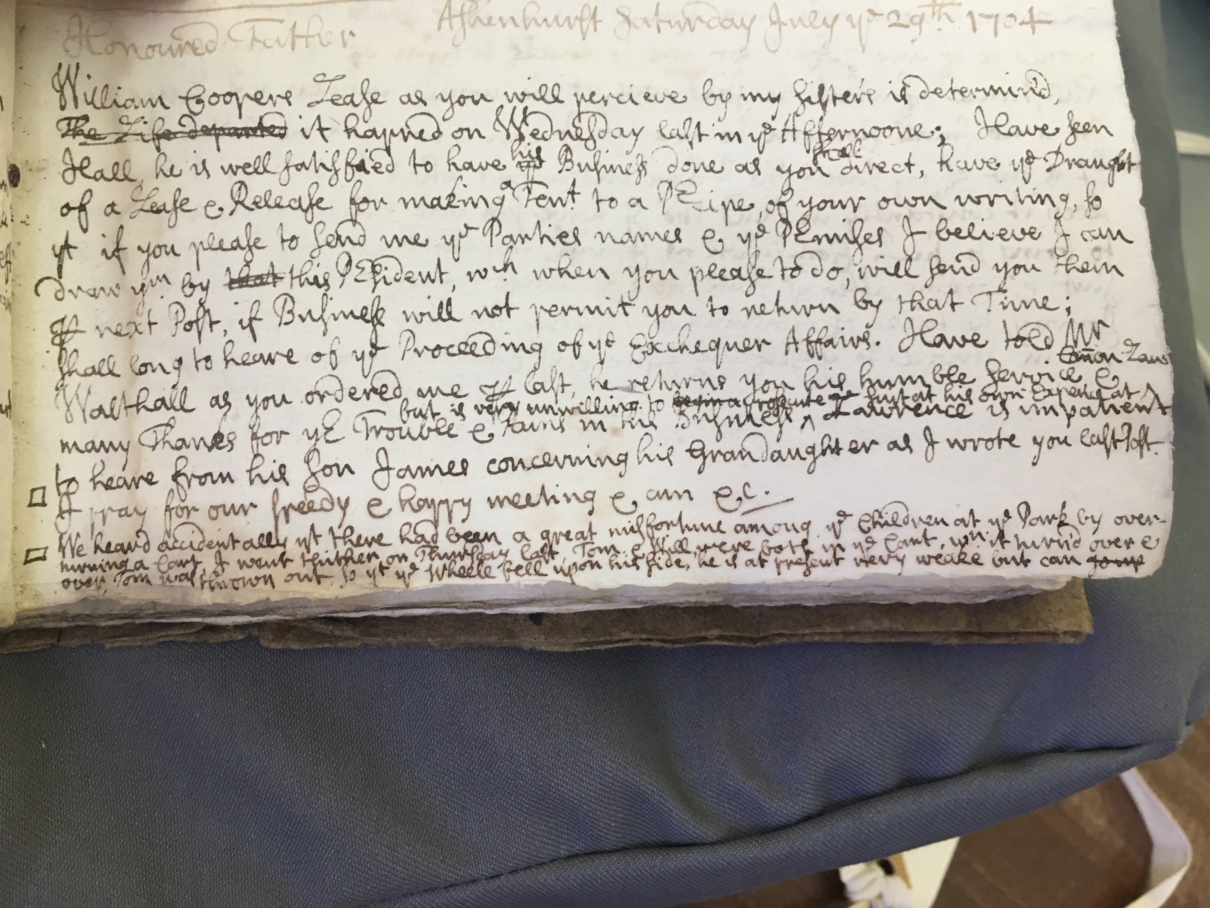 Image #1 of letter: Thomas Hollinshead to his father Francis Hollinshead, 29 July 1704